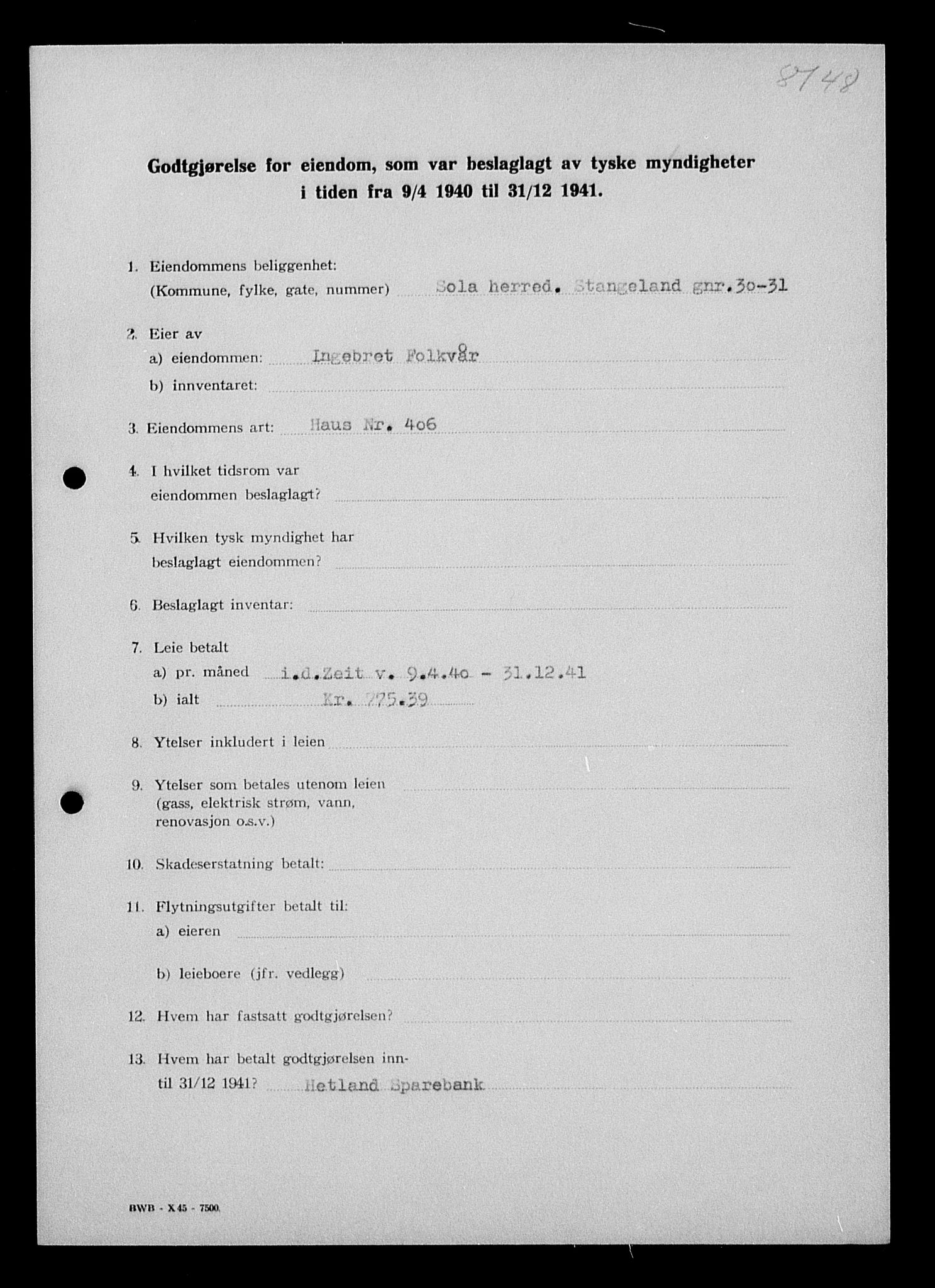Justisdepartementet, Tilbakeføringskontoret for inndratte formuer, AV/RA-S-1564/I/L1014: Godtgjørelse for beslaglagt eiendom, 1940-1941, p. 252