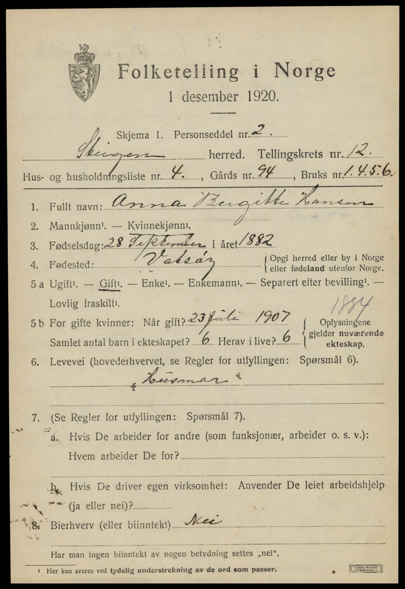 SAT, 1920 census for Steigen, 1920, p. 4806