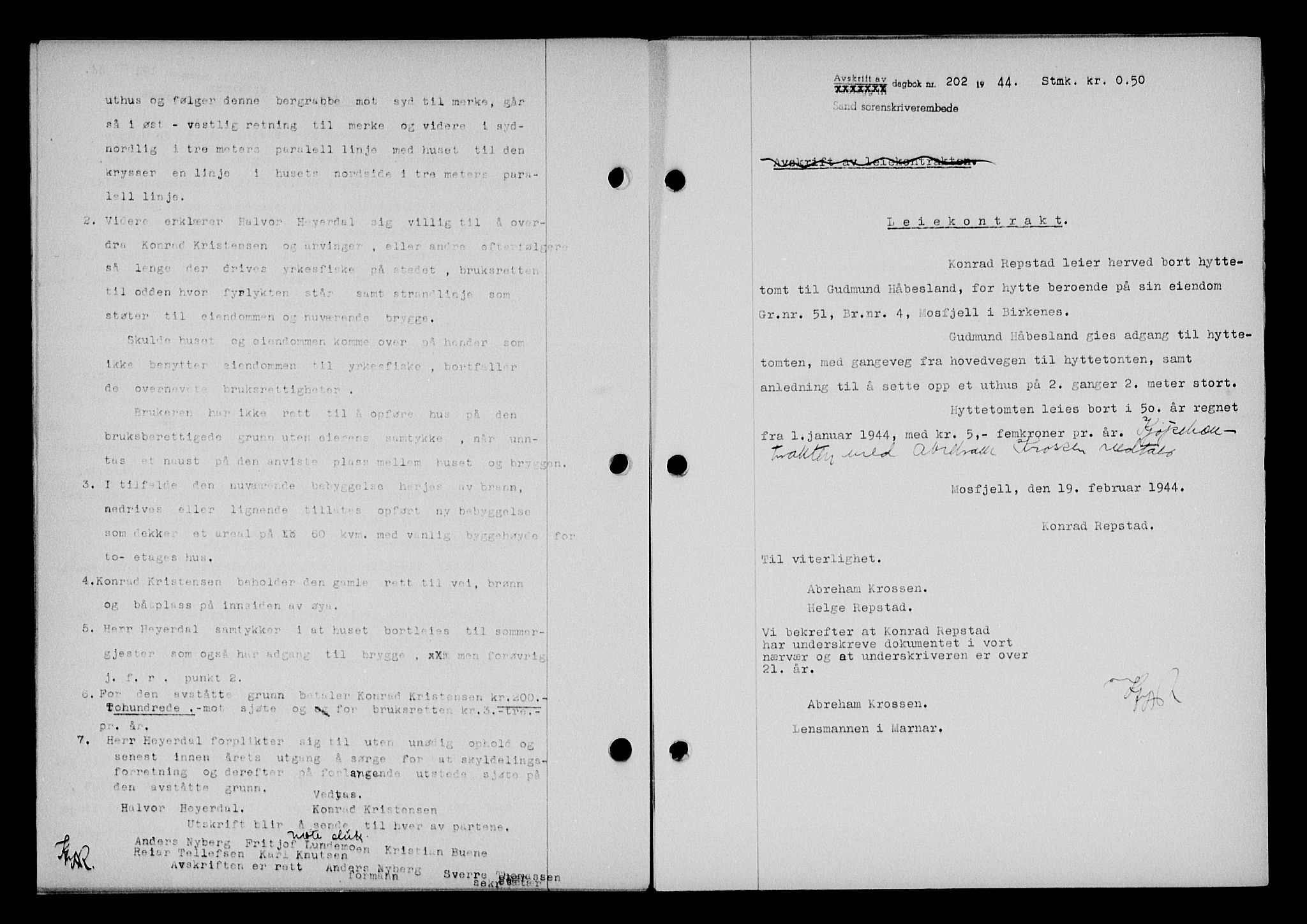 Vestre Nedenes/Sand sorenskriveri, SAK/1221-0010/G/Gb/Gba/L0053: Mortgage book no. A 6, 1944-1945, Diary no: : 202/1944