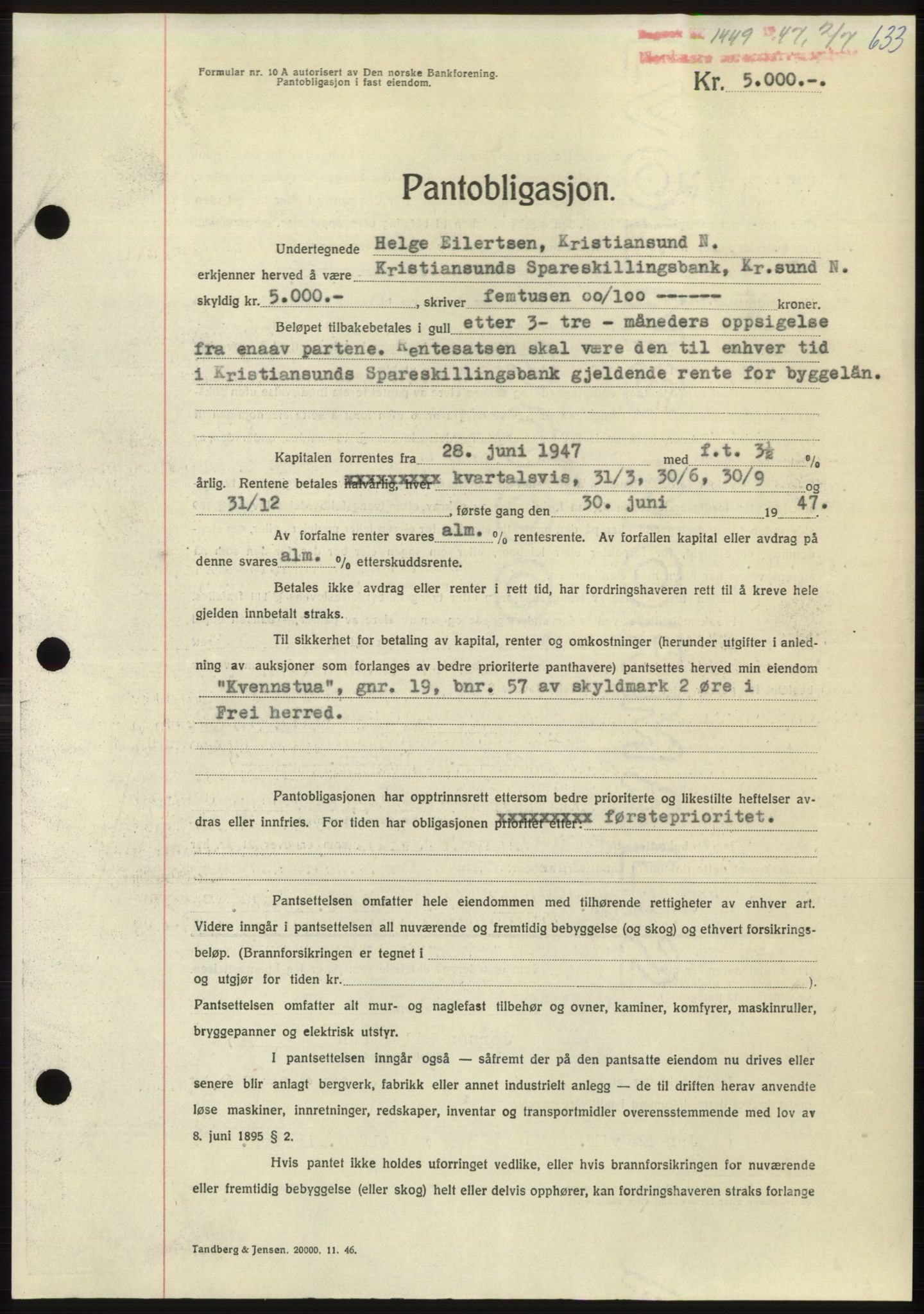 Nordmøre sorenskriveri, AV/SAT-A-4132/1/2/2Ca: Mortgage book no. B96, 1947-1947, Diary no: : 1449/1947