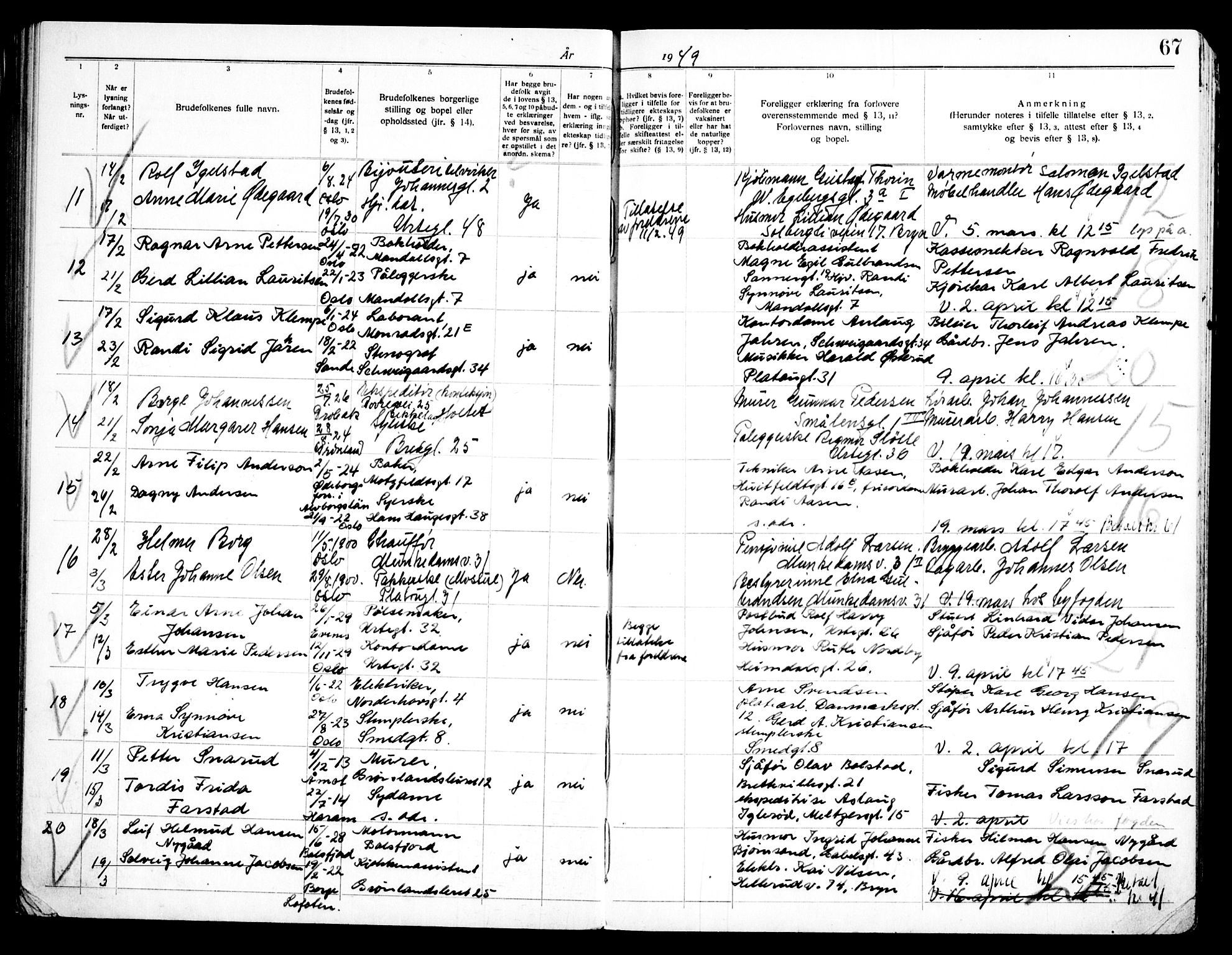 Grønland prestekontor Kirkebøker, AV/SAO-A-10848/H/Ha/L0004: Banns register no. 4, 1939-1951, p. 67