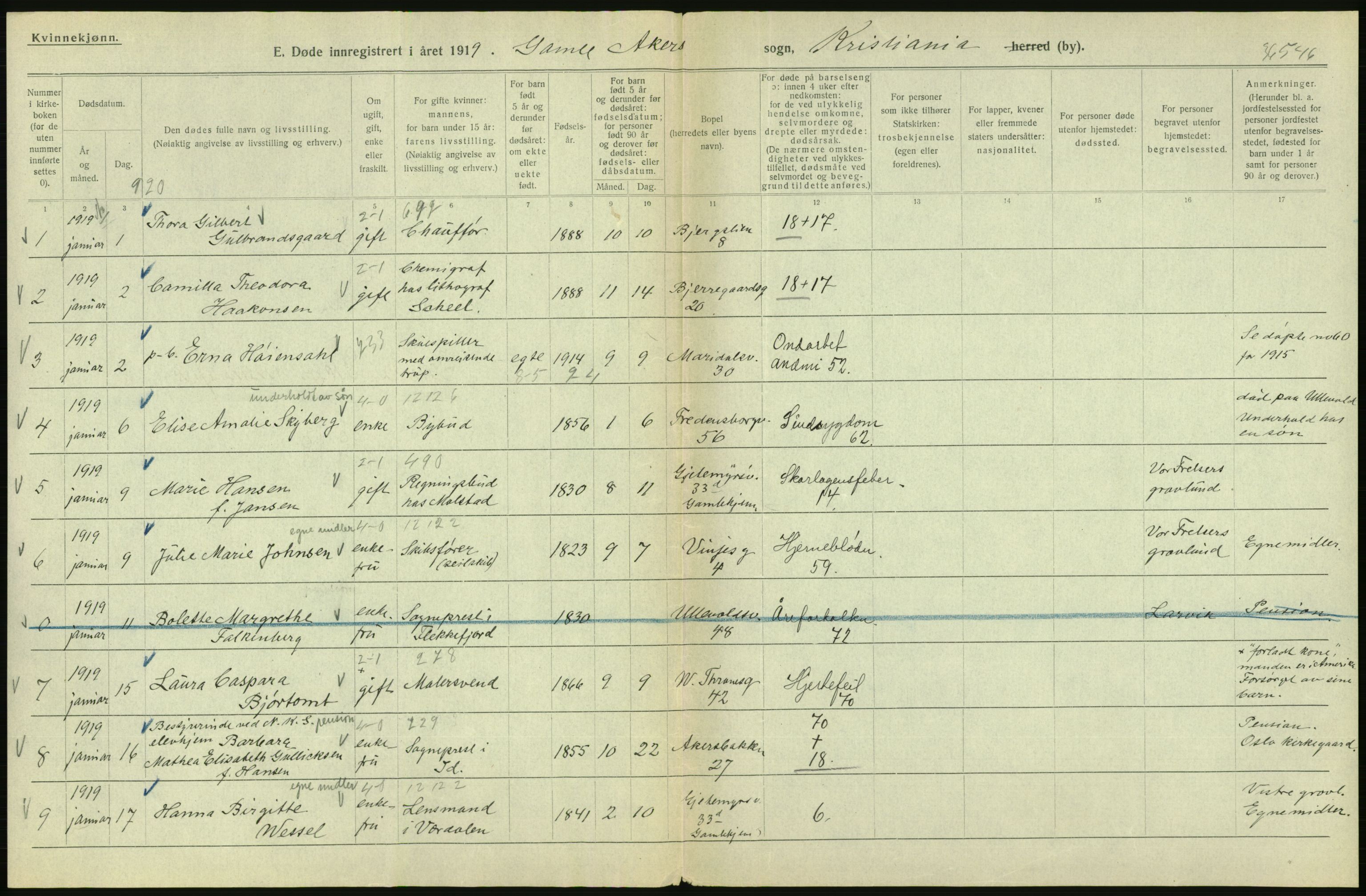 Statistisk sentralbyrå, Sosiodemografiske emner, Befolkning, RA/S-2228/D/Df/Dfb/Dfbi/L0011: Kristiania: Døde, dødfødte, 1919