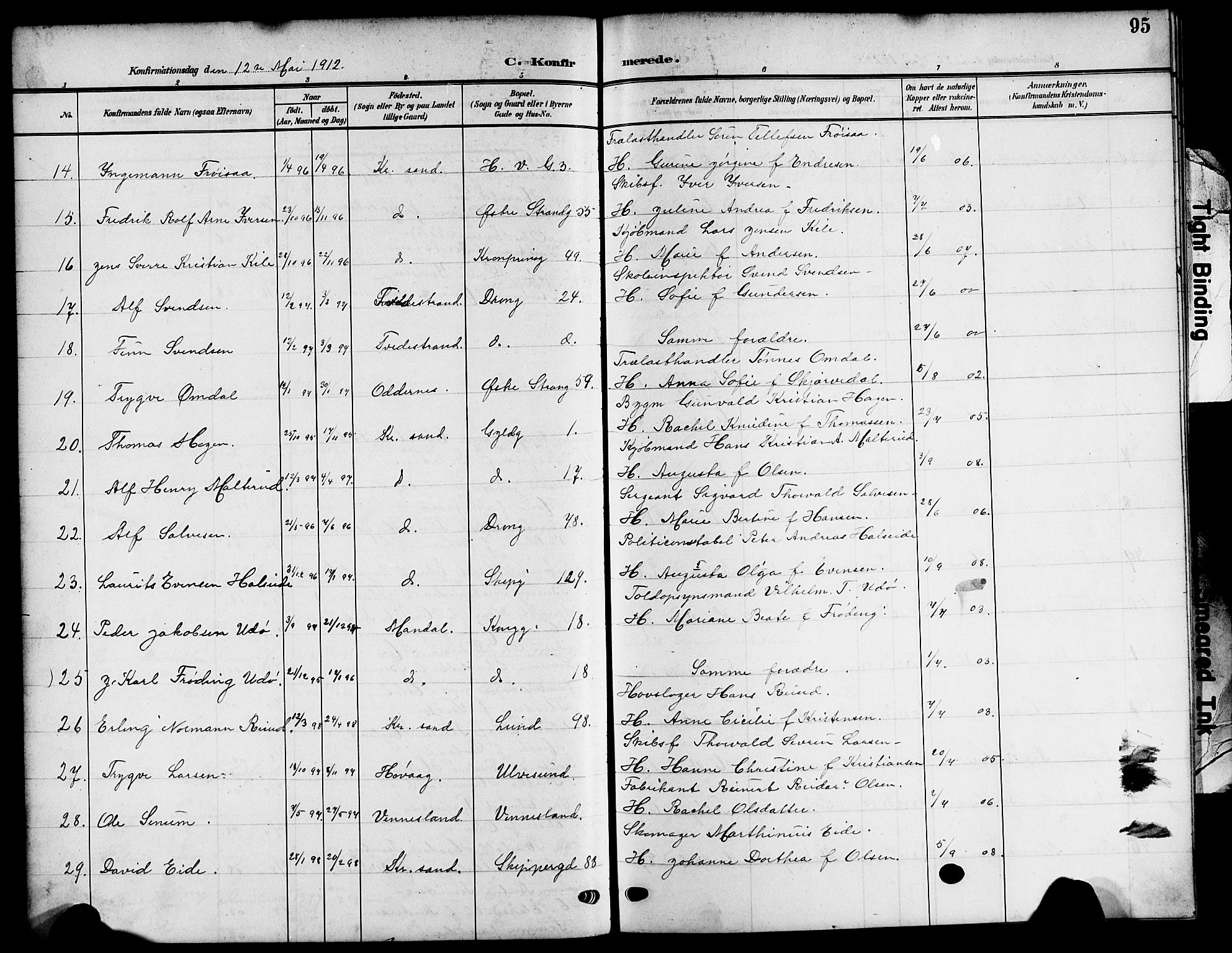 Kristiansand domprosti, SAK/1112-0006/F/Fb/L0020: Parish register (copy) no. B 20, 1906-1915, p. 95