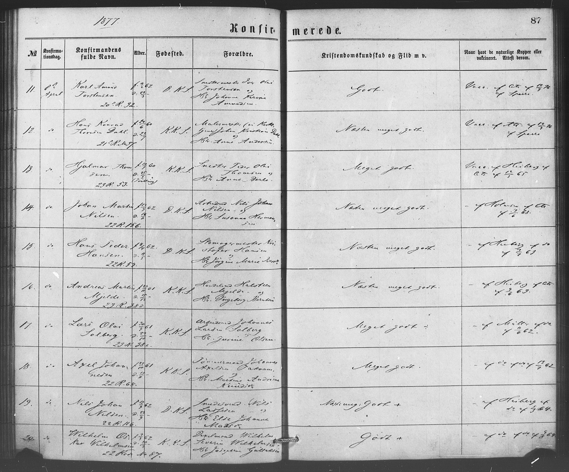 Korskirken sokneprestembete, SAB/A-76101/H/Haa/L0070: Curate's parish register no. A 5, 1869-1885, p. 87