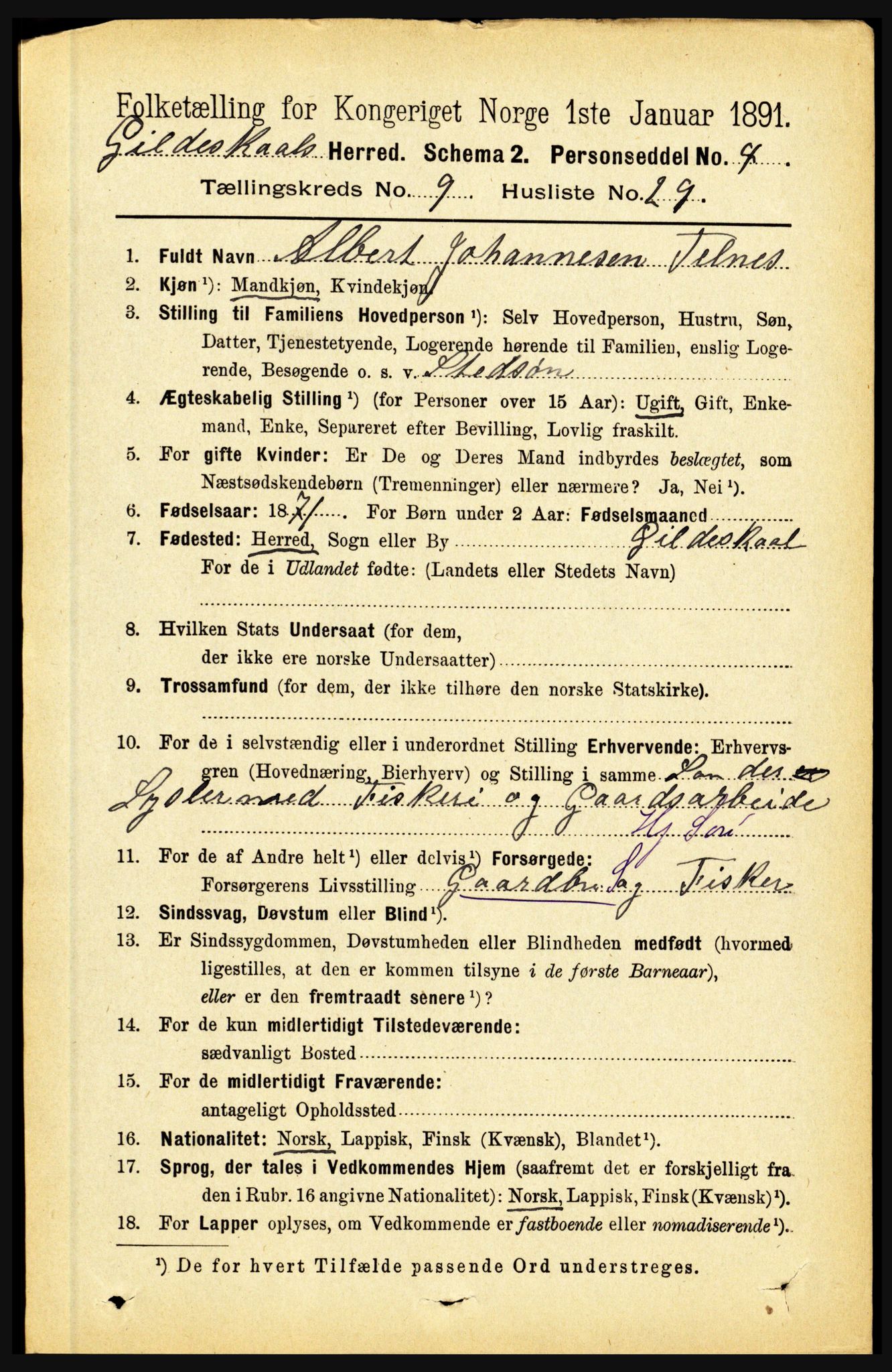 RA, 1891 census for 1838 Gildeskål, 1891, p. 2890