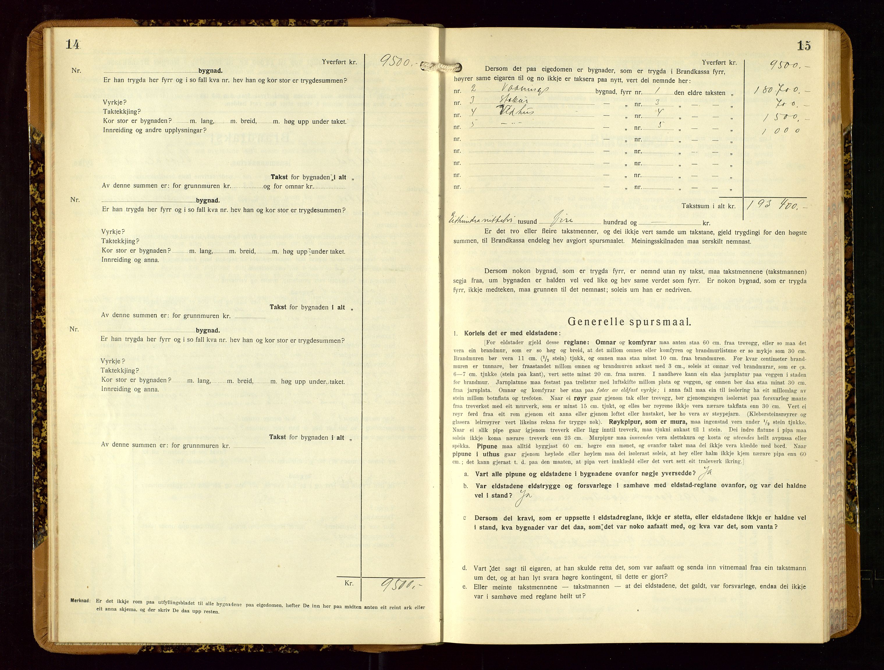 Suldal lensmannskontor, AV/SAST-A-100419/Gob/L0003: Branntakstprotokoll, 1924-1955, p. 14-15