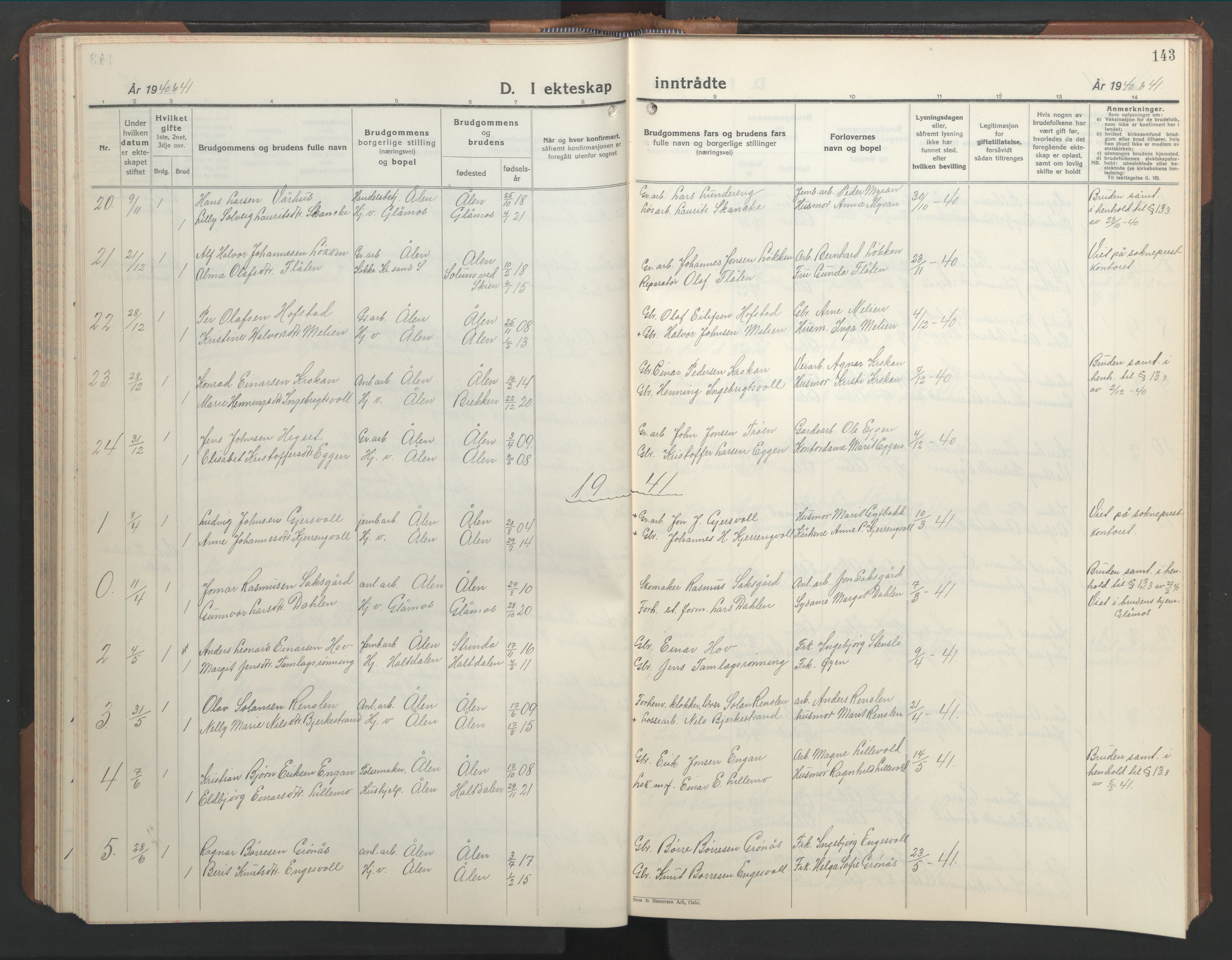 Ministerialprotokoller, klokkerbøker og fødselsregistre - Sør-Trøndelag, SAT/A-1456/686/L0986: Parish register (copy) no. 686C02, 1933-1950, p. 143