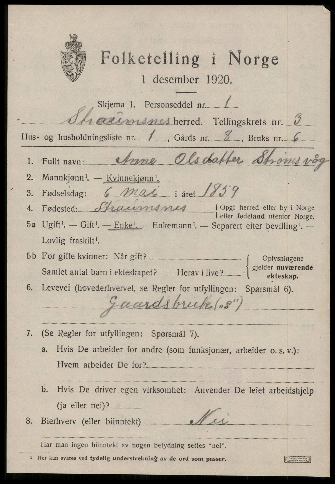 SAT, 1920 census for Straumsnes, 1920, p. 1093