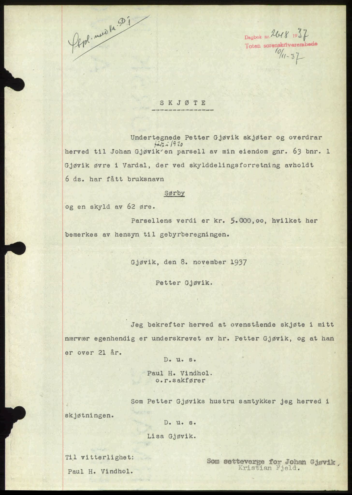 Toten tingrett, SAH/TING-006/H/Hb/Hbc/L0003: Mortgage book no. Hbc-03, 1937-1938, Diary no: : 2618/1937