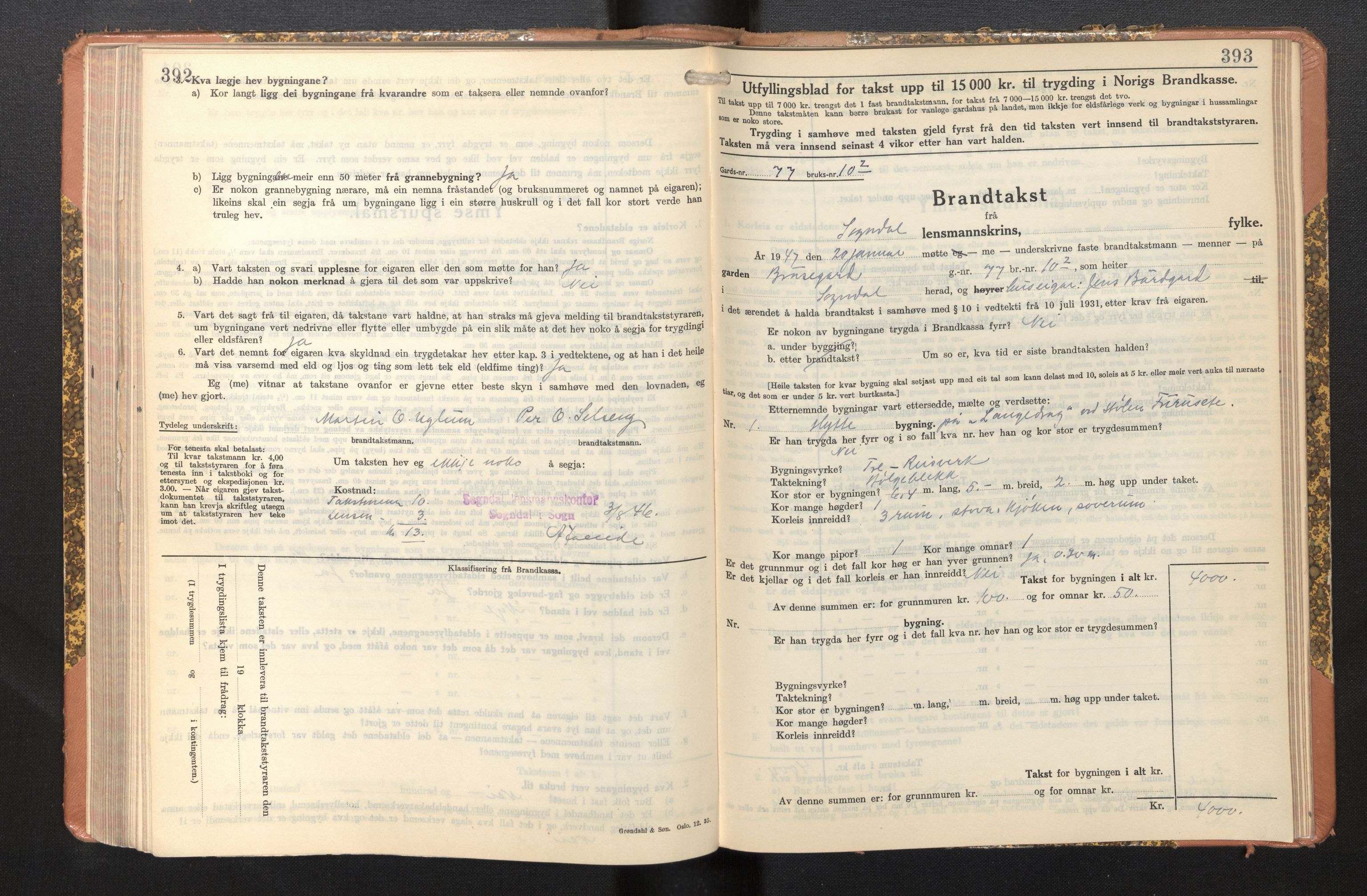 Lensmannen i Sogndal, SAB/A-29901/0012/L0014: Branntakstprotokoll, skjematakst, 1938-1950, p. 392-393