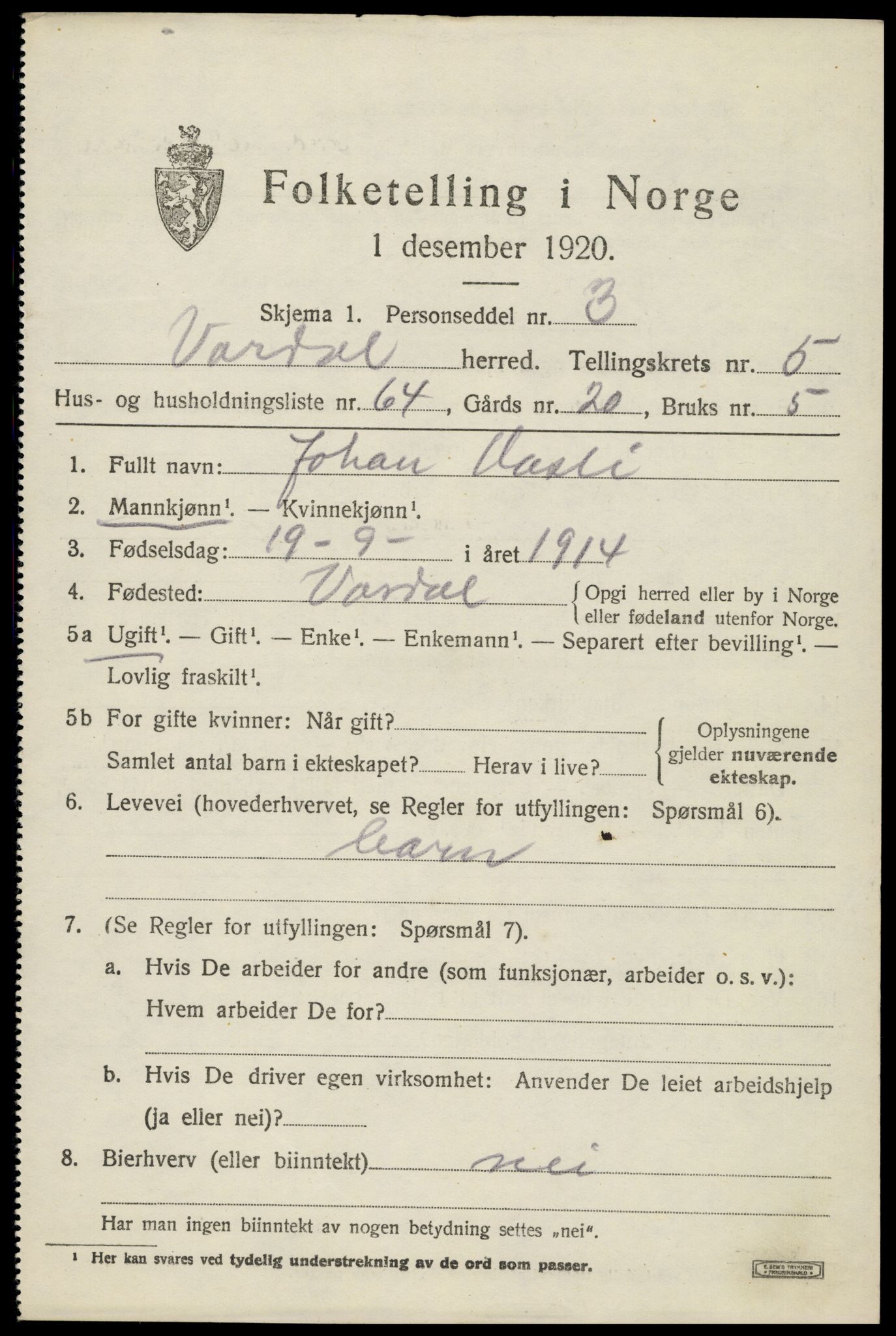 SAH, 1920 census for Vardal, 1920, p. 3857