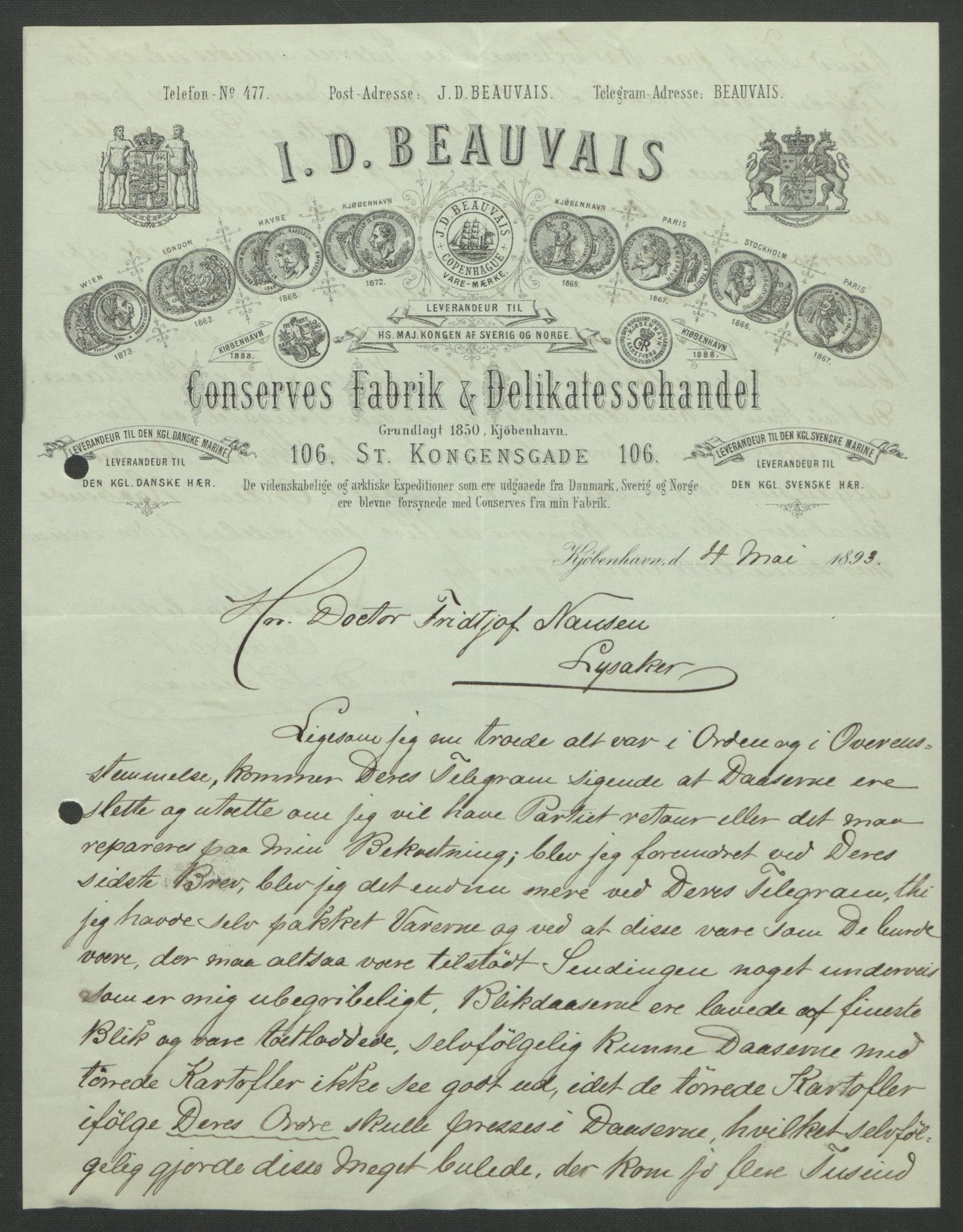 Arbeidskomitéen for Fridtjof Nansens polarekspedisjon, AV/RA-PA-0061/D/L0004: Innk. brev og telegrammer vedr. proviant og utrustning, 1892-1893, p. 612