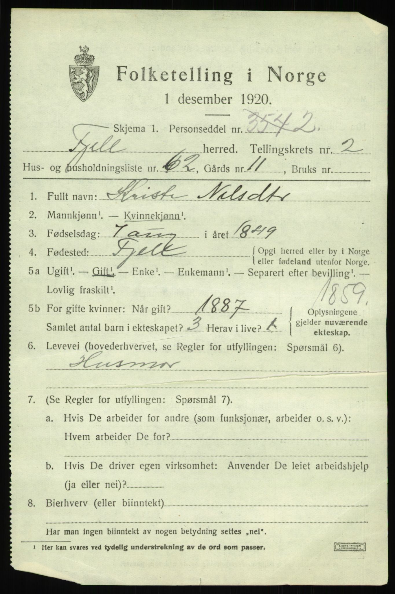 SAB, 1920 census for Fjell, 1920, p. 2954