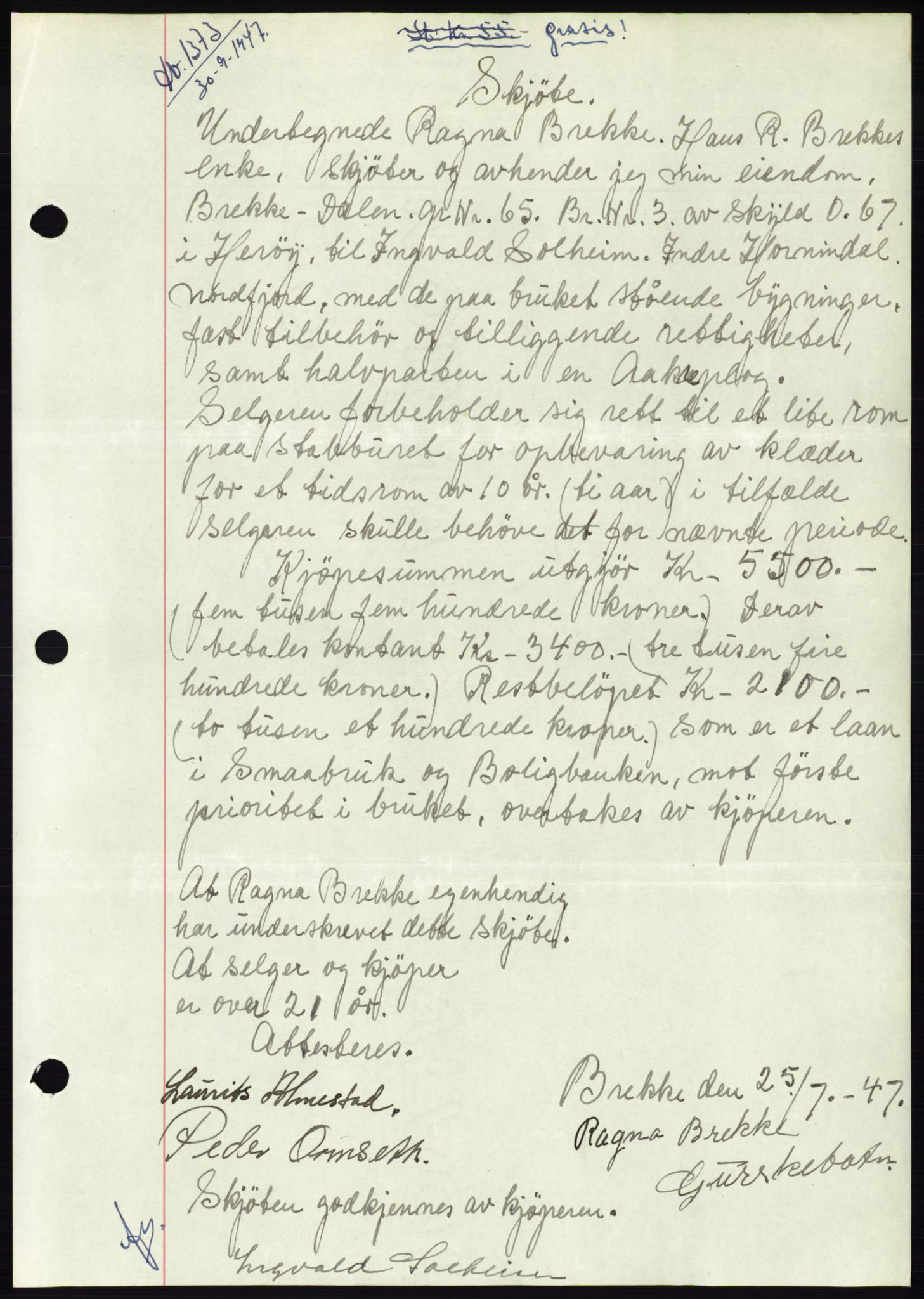 Søre Sunnmøre sorenskriveri, AV/SAT-A-4122/1/2/2C/L0081: Mortgage book no. 7A, 1947-1948, Diary no: : 1373/1947