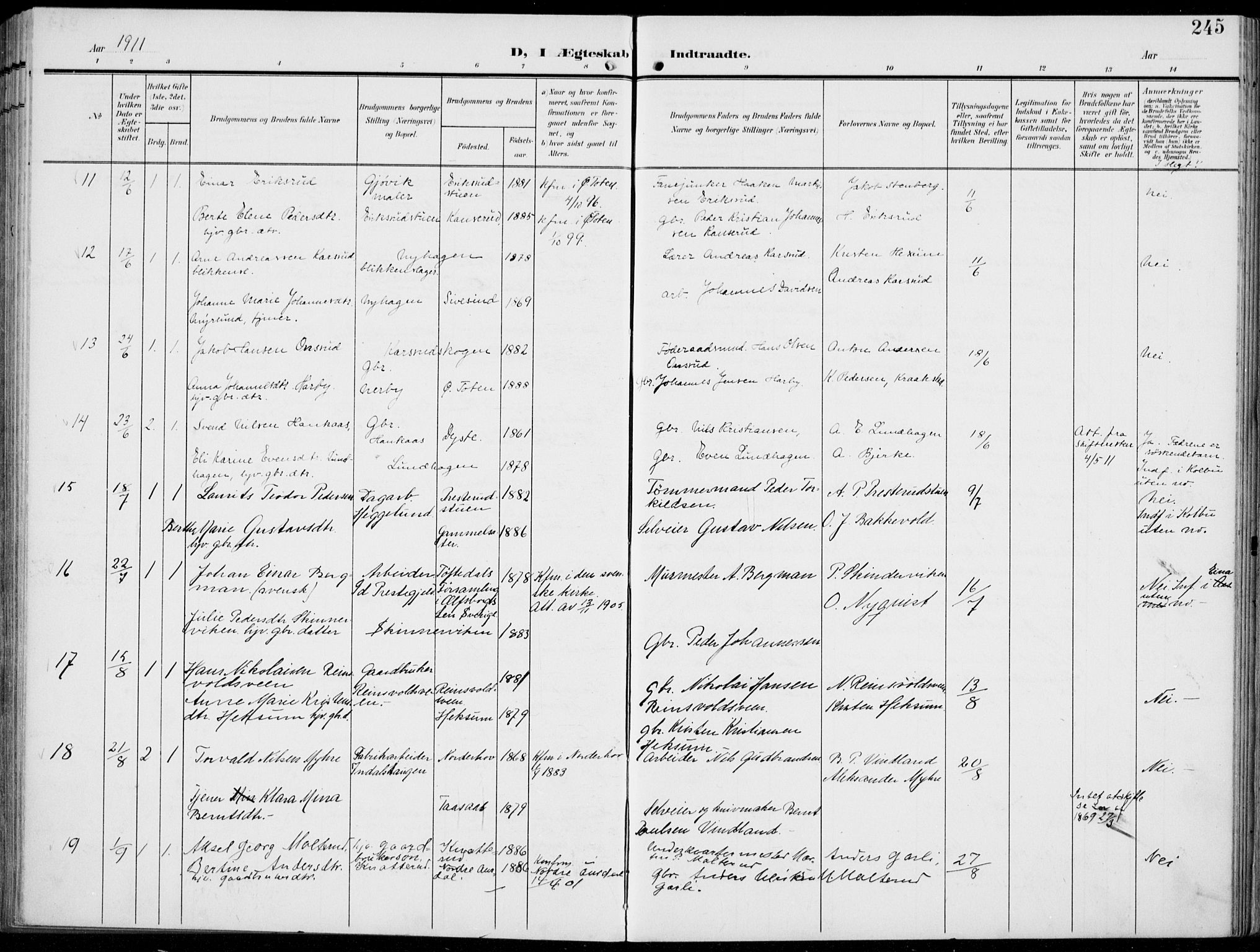 Vestre Toten prestekontor, AV/SAH-PREST-108/H/Ha/Haa/L0014: Parish register (official) no. 14, 1907-1920, p. 245