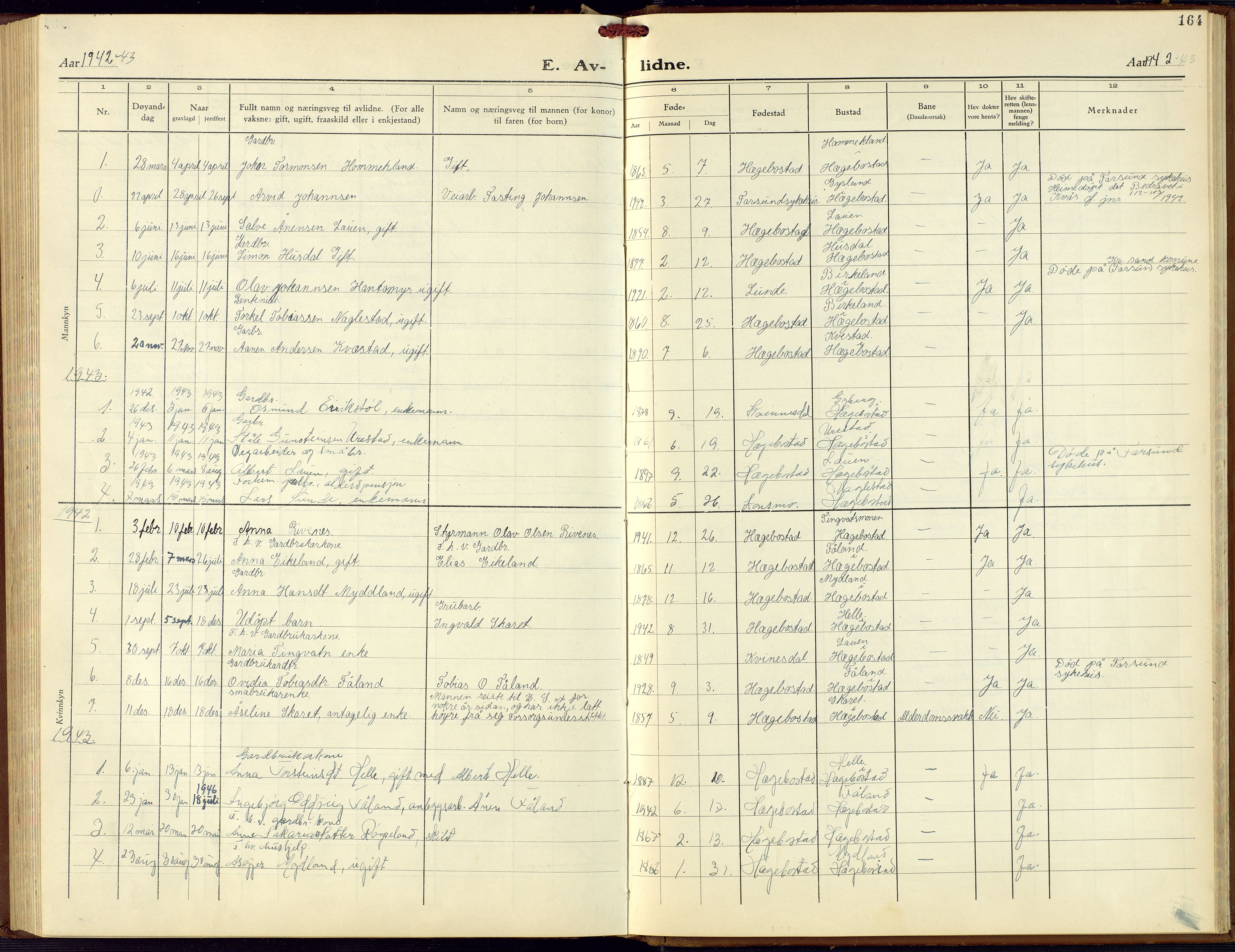 Hægebostad sokneprestkontor, SAK/1111-0024/F/Fb/Fba/L0006: Parish register (copy) no. B 6, 1931-1970, p. 164