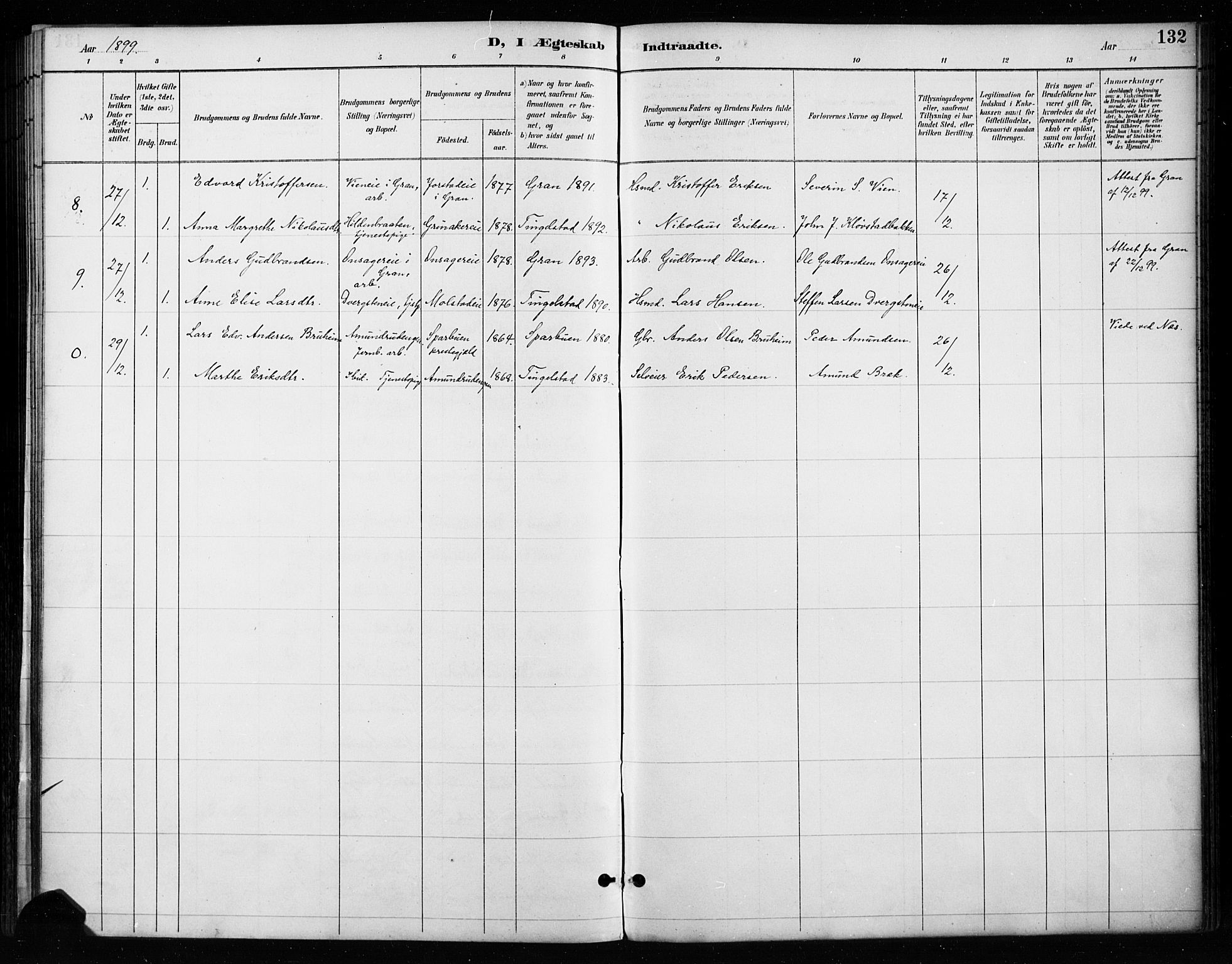 Gran prestekontor, SAH/PREST-112/H/Ha/Haa/L0018: Parish register (official) no. 18, 1889-1899, p. 132