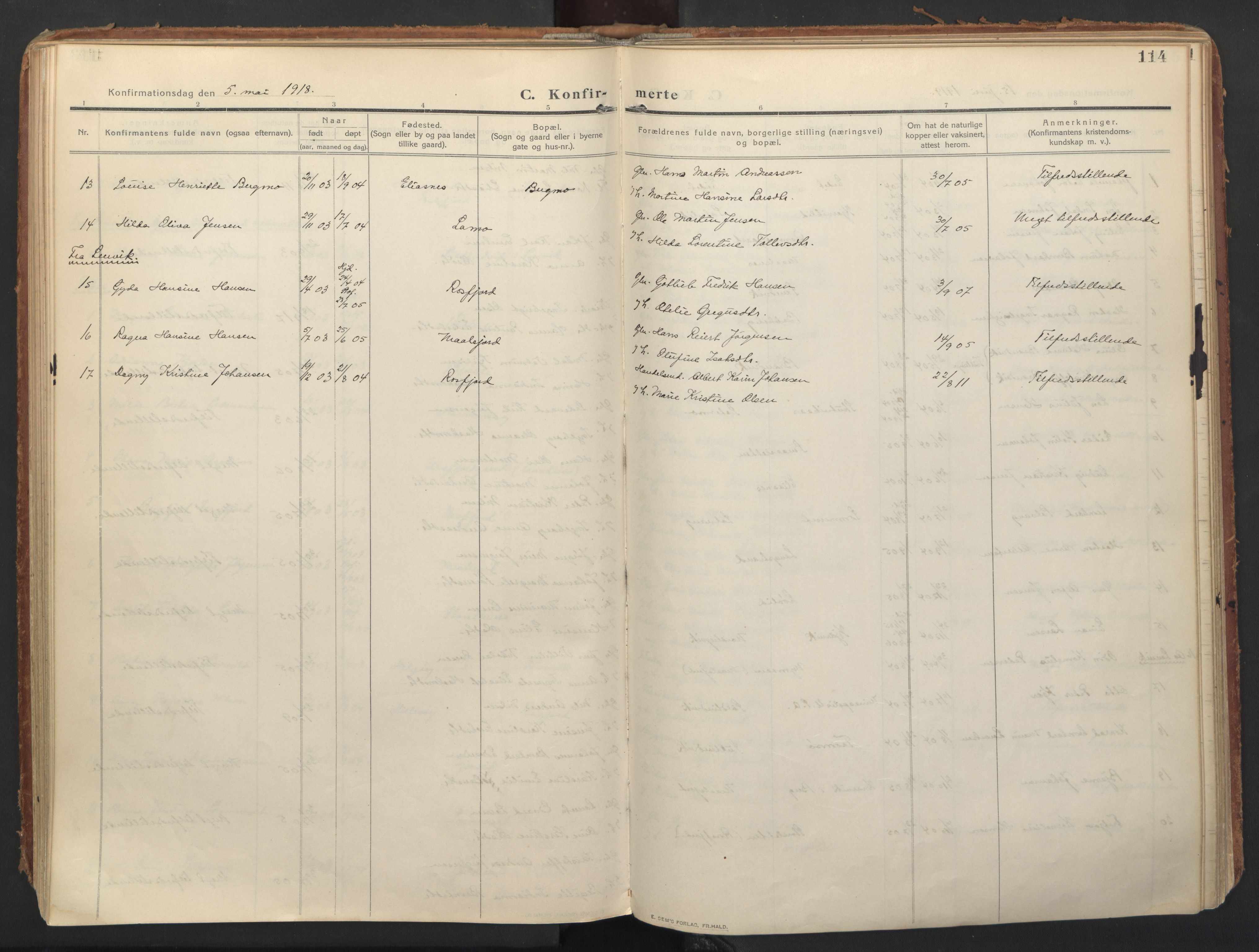 Balsfjord sokneprestembete, AV/SATØ-S-1303/G/Gaa/L0008kirke: Parish register (official) no. 8, 1910-1927, p. 114