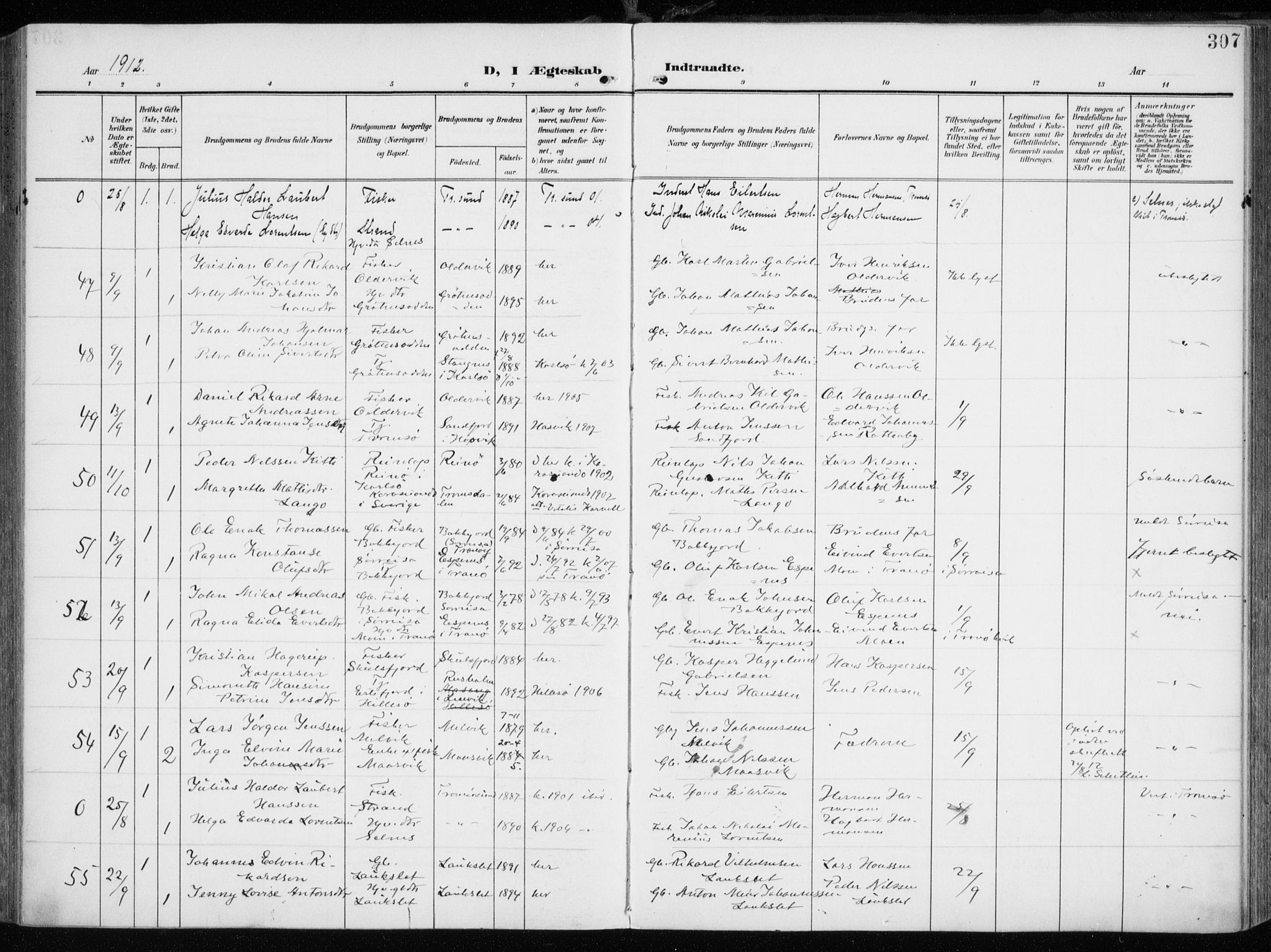 Tromsøysund sokneprestkontor, AV/SATØ-S-1304/G/Ga/L0007kirke: Parish register (official) no. 7, 1907-1914, p. 307