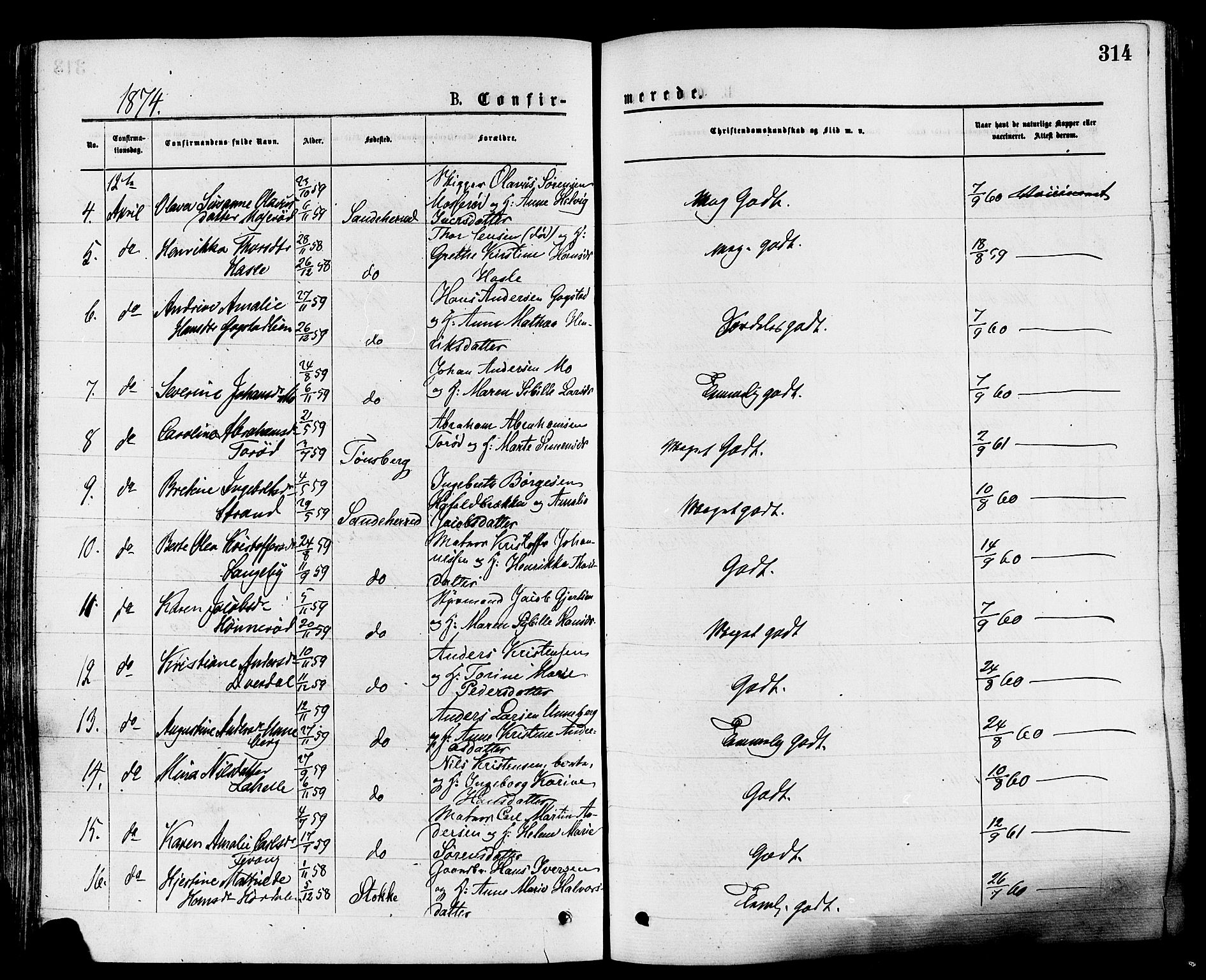 Sandar kirkebøker, AV/SAKO-A-243/F/Fa/L0010: Parish register (official) no. 10, 1872-1882, p. 314