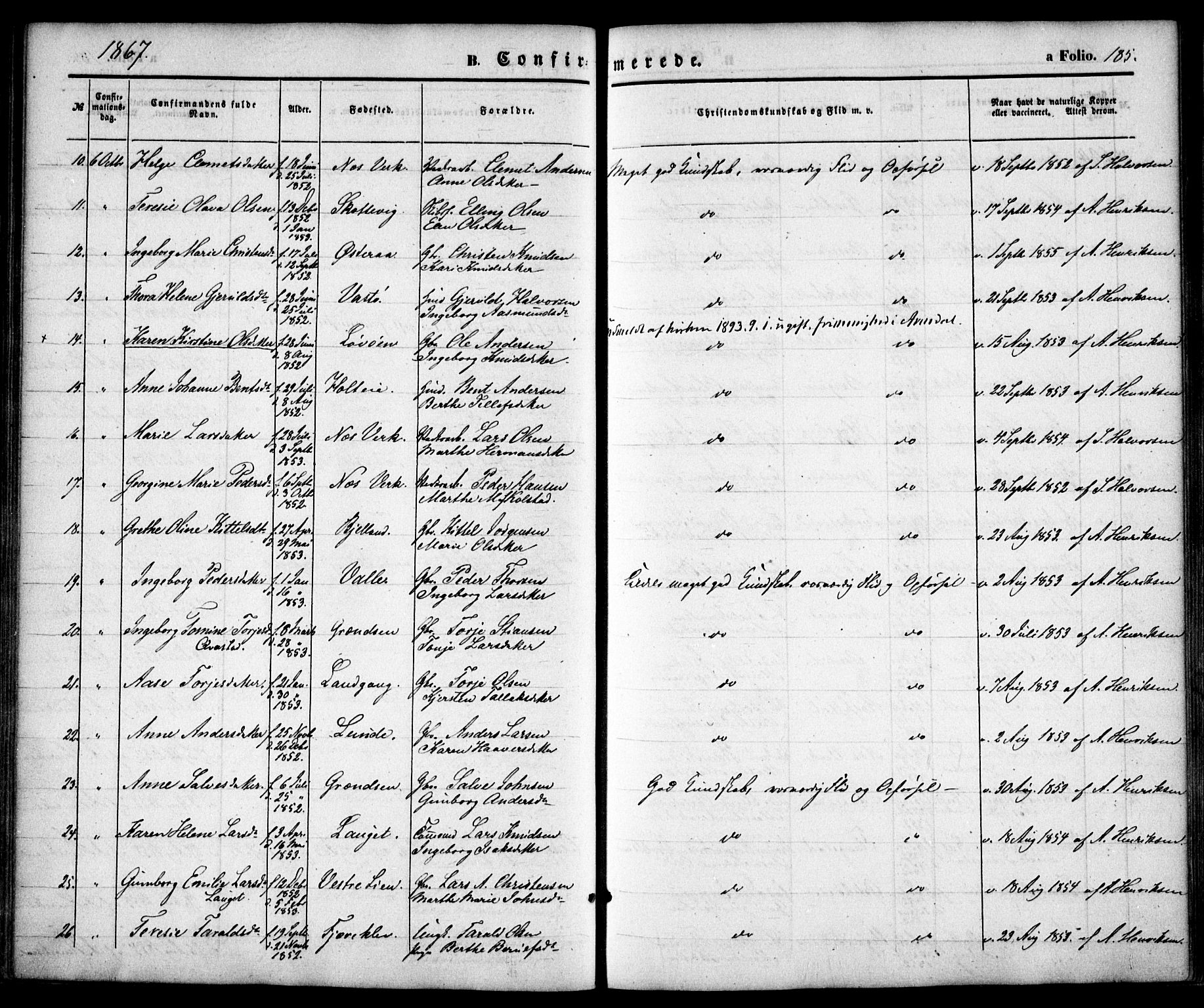 Holt sokneprestkontor, AV/SAK-1111-0021/F/Fa/L0009: Parish register (official) no. A 9, 1861-1871, p. 185