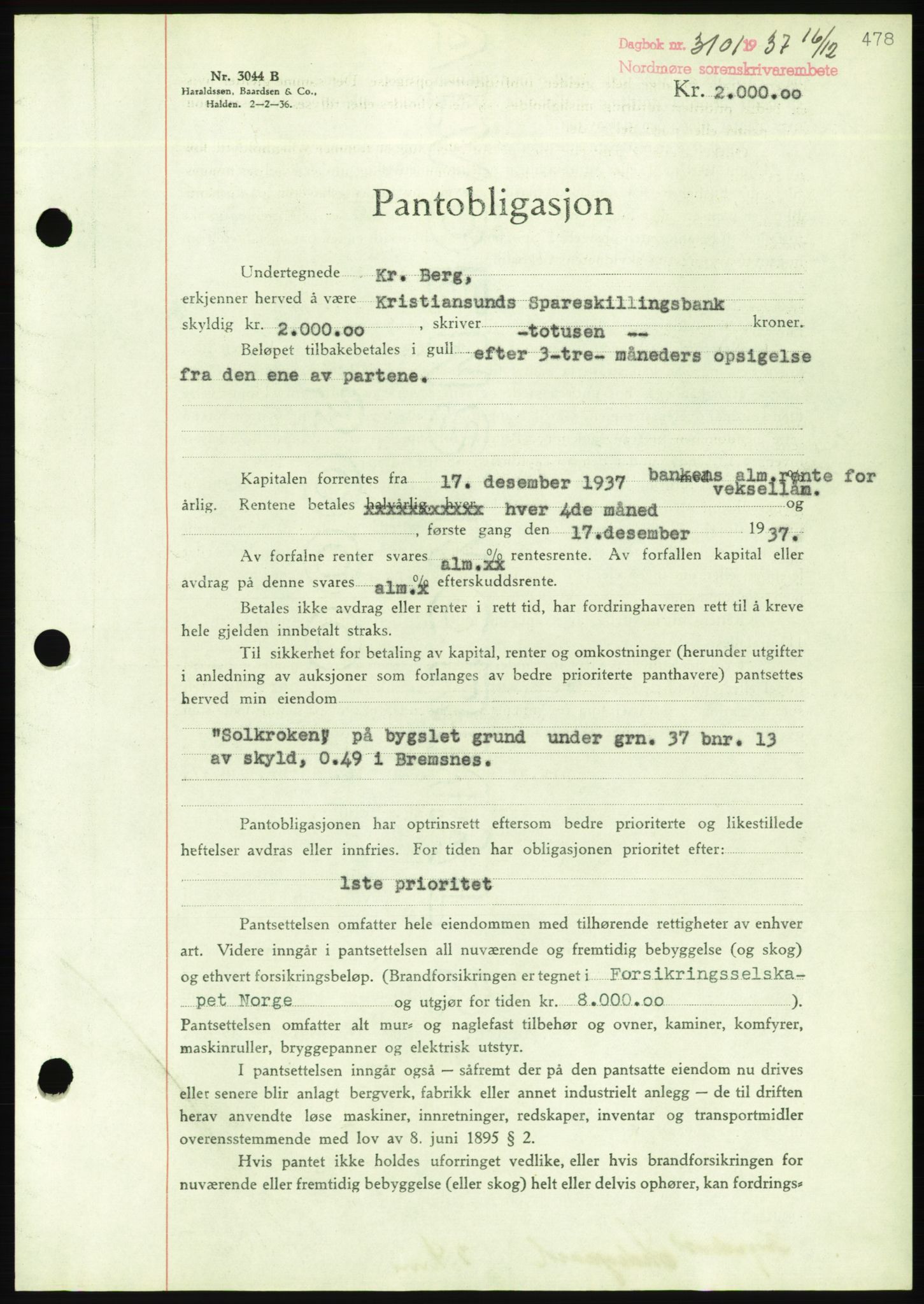 Nordmøre sorenskriveri, AV/SAT-A-4132/1/2/2Ca/L0092: Mortgage book no. B82, 1937-1938, Diary no: : 3101/1937