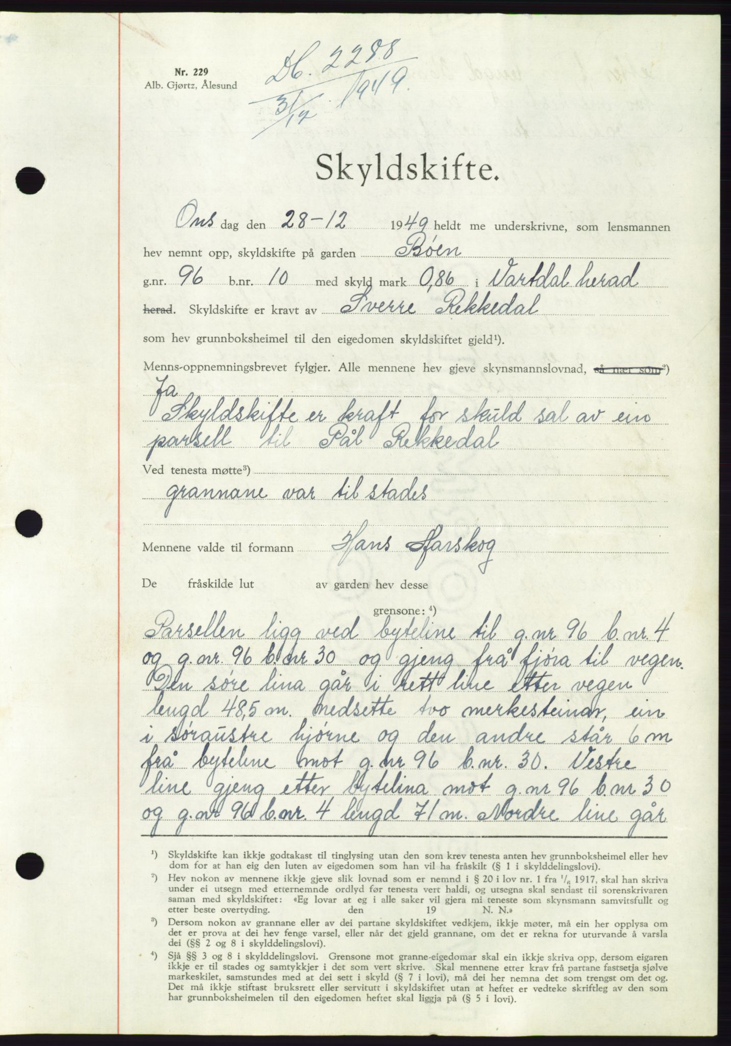 Søre Sunnmøre sorenskriveri, AV/SAT-A-4122/1/2/2C/L0086: Mortgage book no. 12A, 1949-1950, Diary no: : 2288/1949