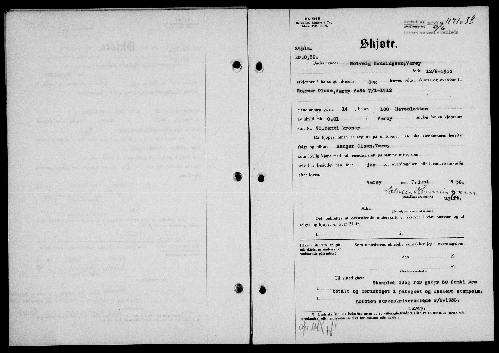 Lofoten sorenskriveri, SAT/A-0017/1/2/2C/L0004a: Mortgage book no. 4a, 1938-1938, Diary no: : 1171/1938