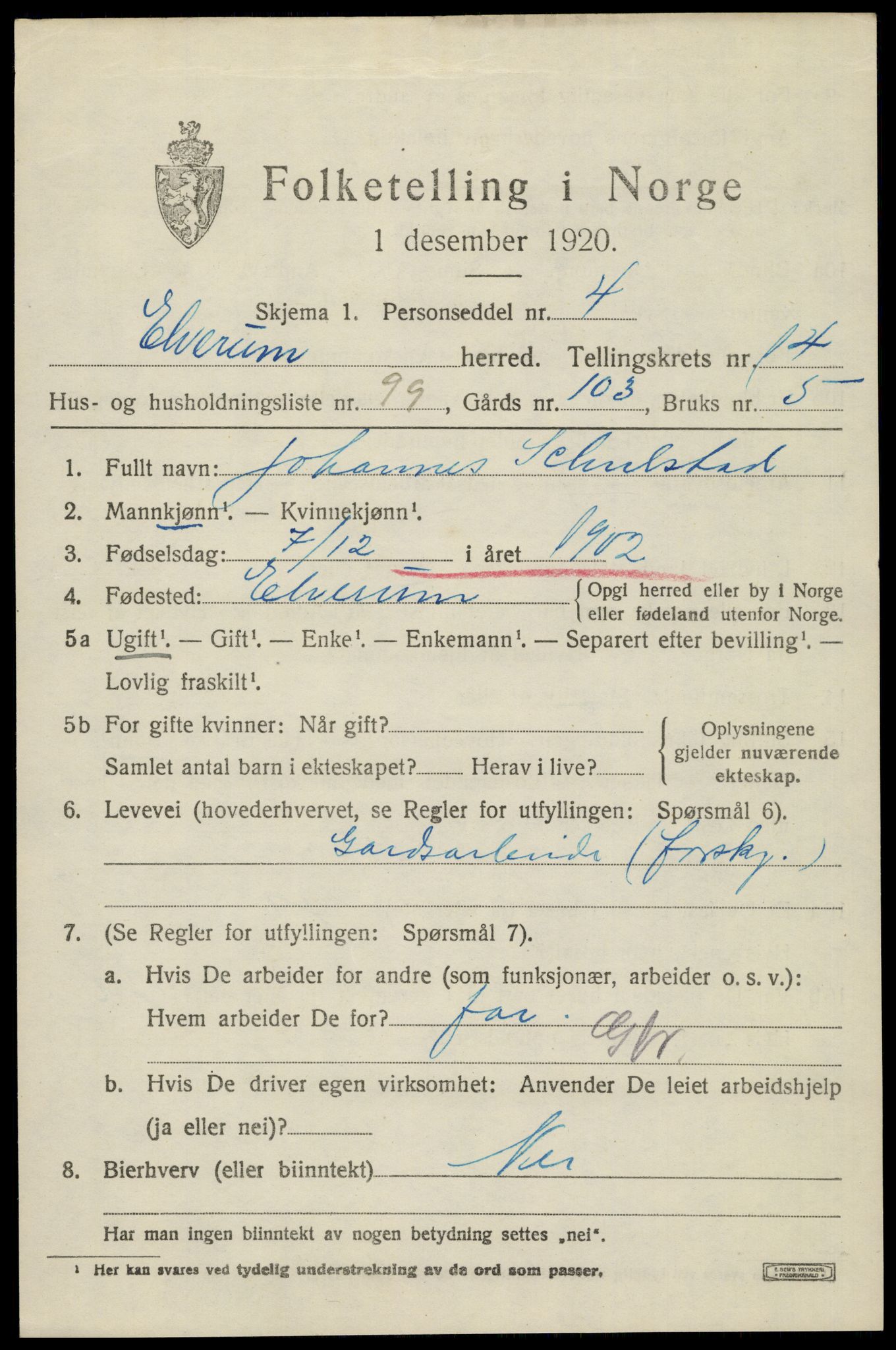 SAH, 1920 census for Elverum, 1920, p. 19256