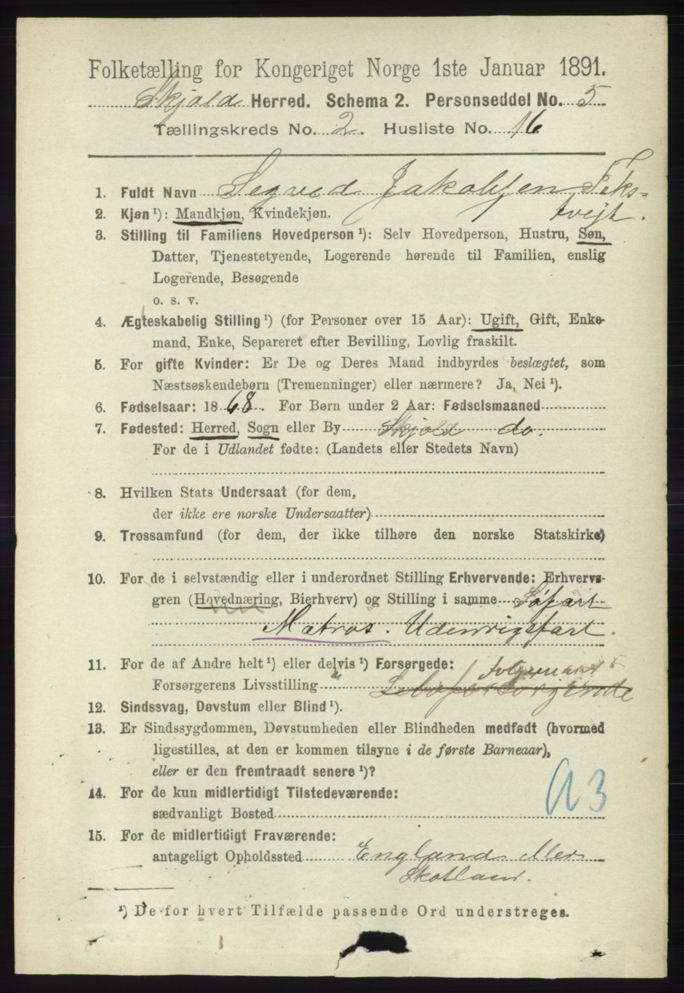 RA, 1891 census for 1154 Skjold, 1891, p. 356