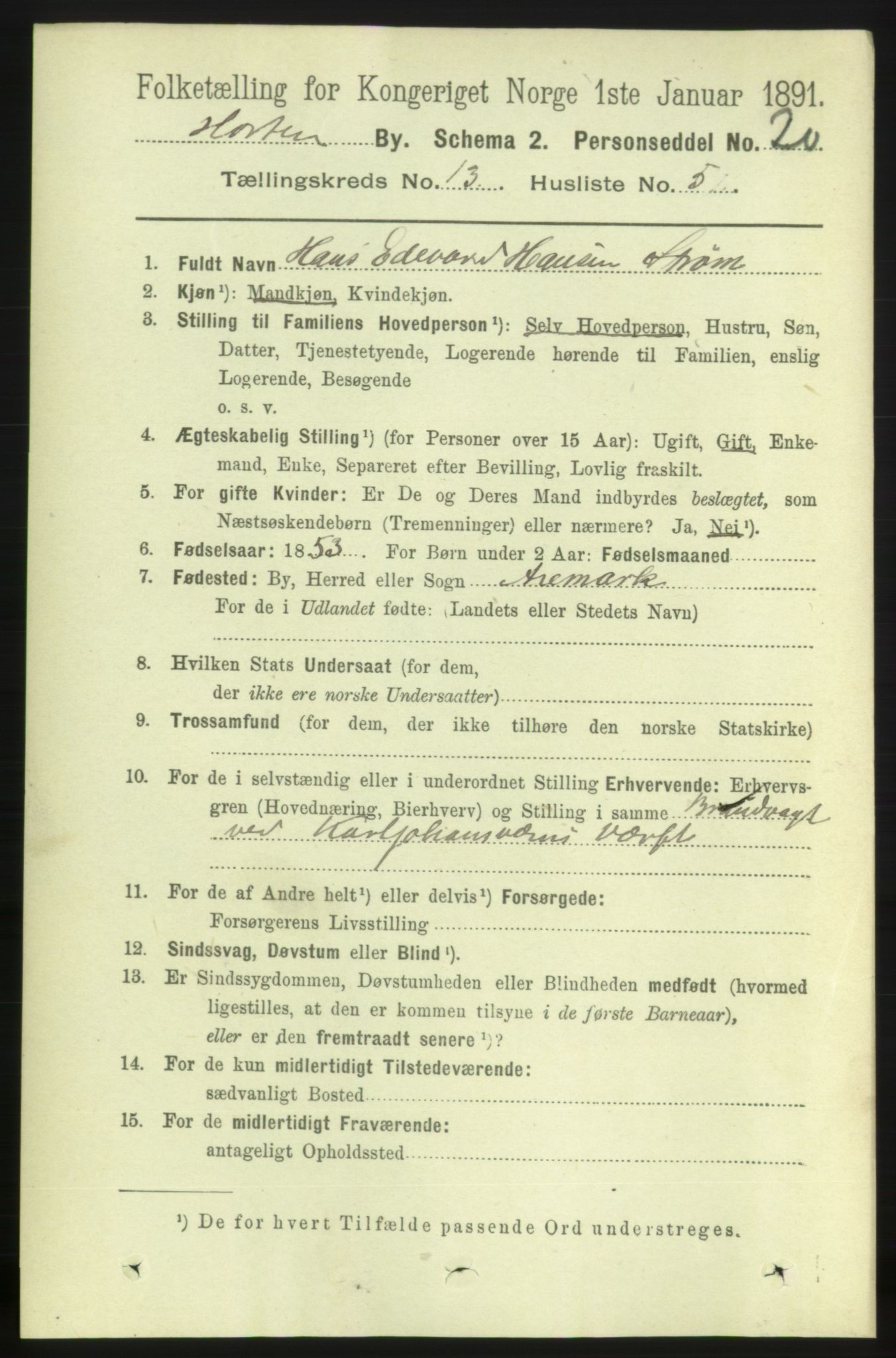 RA, 1891 census for 0703 Horten, 1891, p. 8225