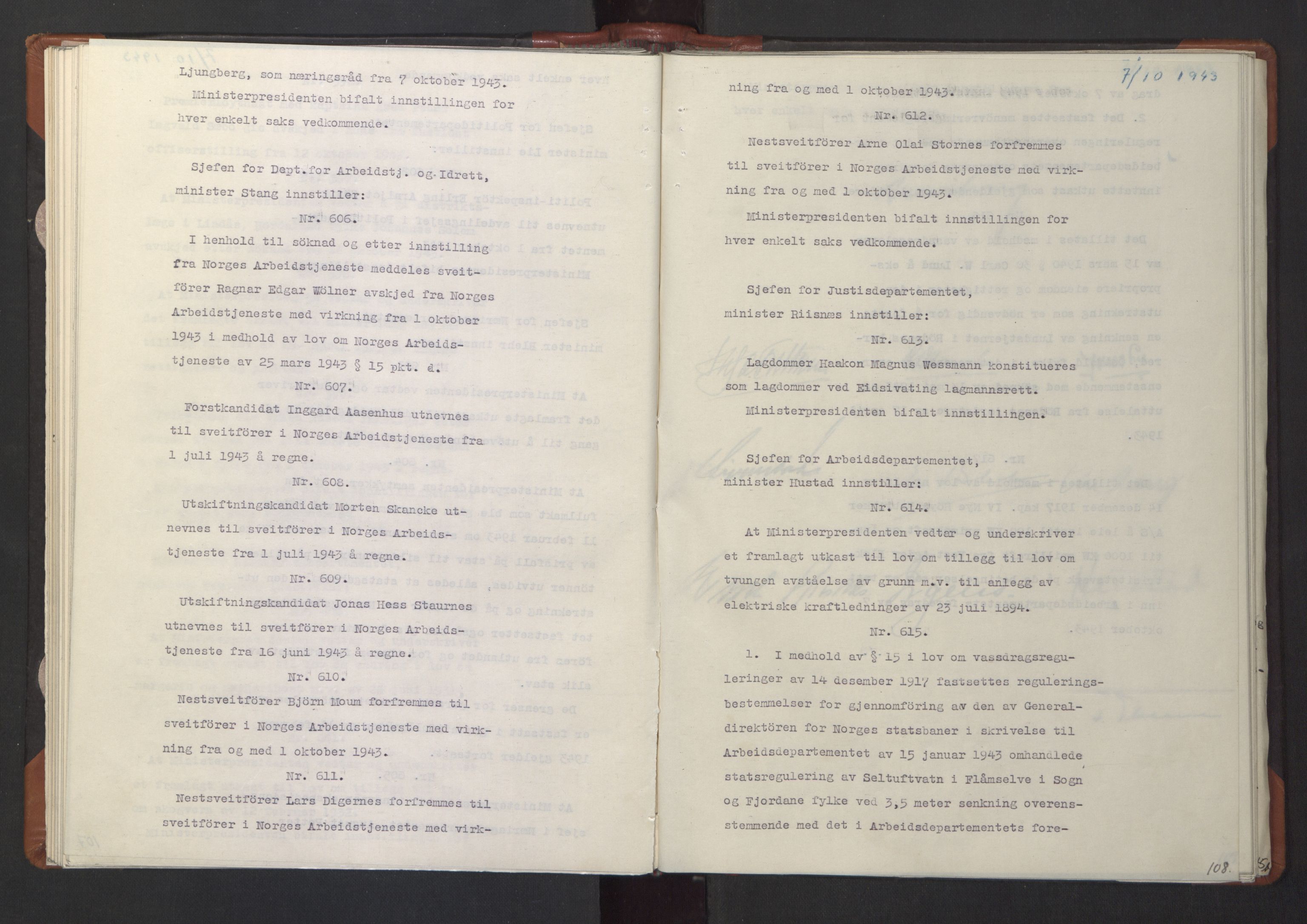 NS-administrasjonen 1940-1945 (Statsrådsekretariatet, de kommisariske statsråder mm), AV/RA-S-4279/D/Da/L0003: Vedtak (Beslutninger) nr. 1-746 og tillegg nr. 1-47 (RA. j.nr. 1394/1944, tilgangsnr. 8/1944, 1943, p. 110