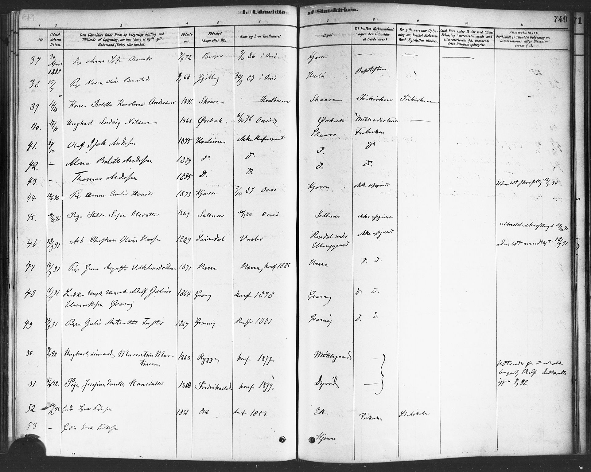Onsøy prestekontor Kirkebøker, SAO/A-10914/F/Fa/L0006: Parish register (official) no. I 6, 1878-1898, p. 749