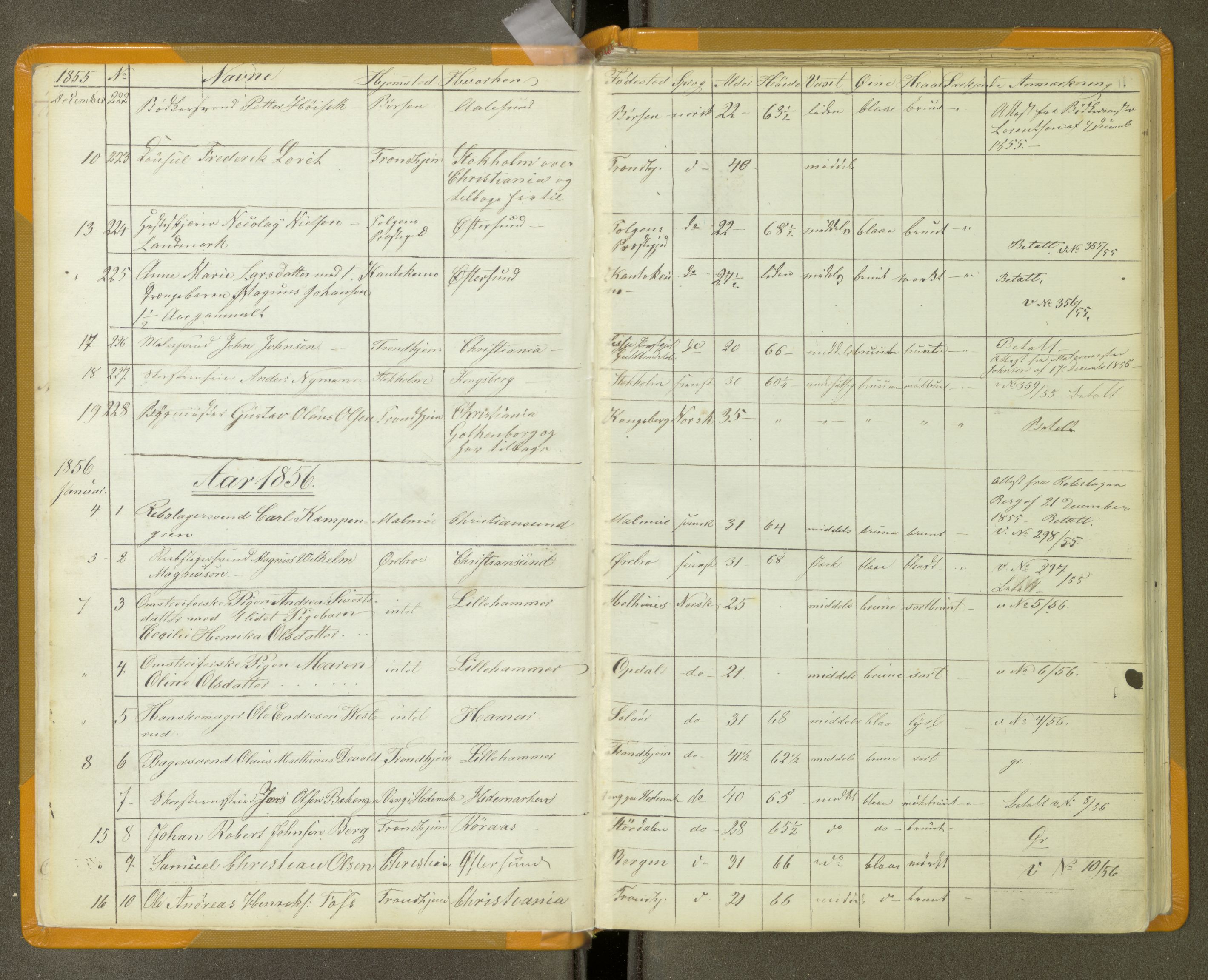 Trondheim politikammer, AV/SAT-A-1887/1/30/L0011: Passprotokoll. Utstedte pass 1855-1890. Utstede og forviste handelsbrev 1857-1860, 1855-1890, p. 10b-11a