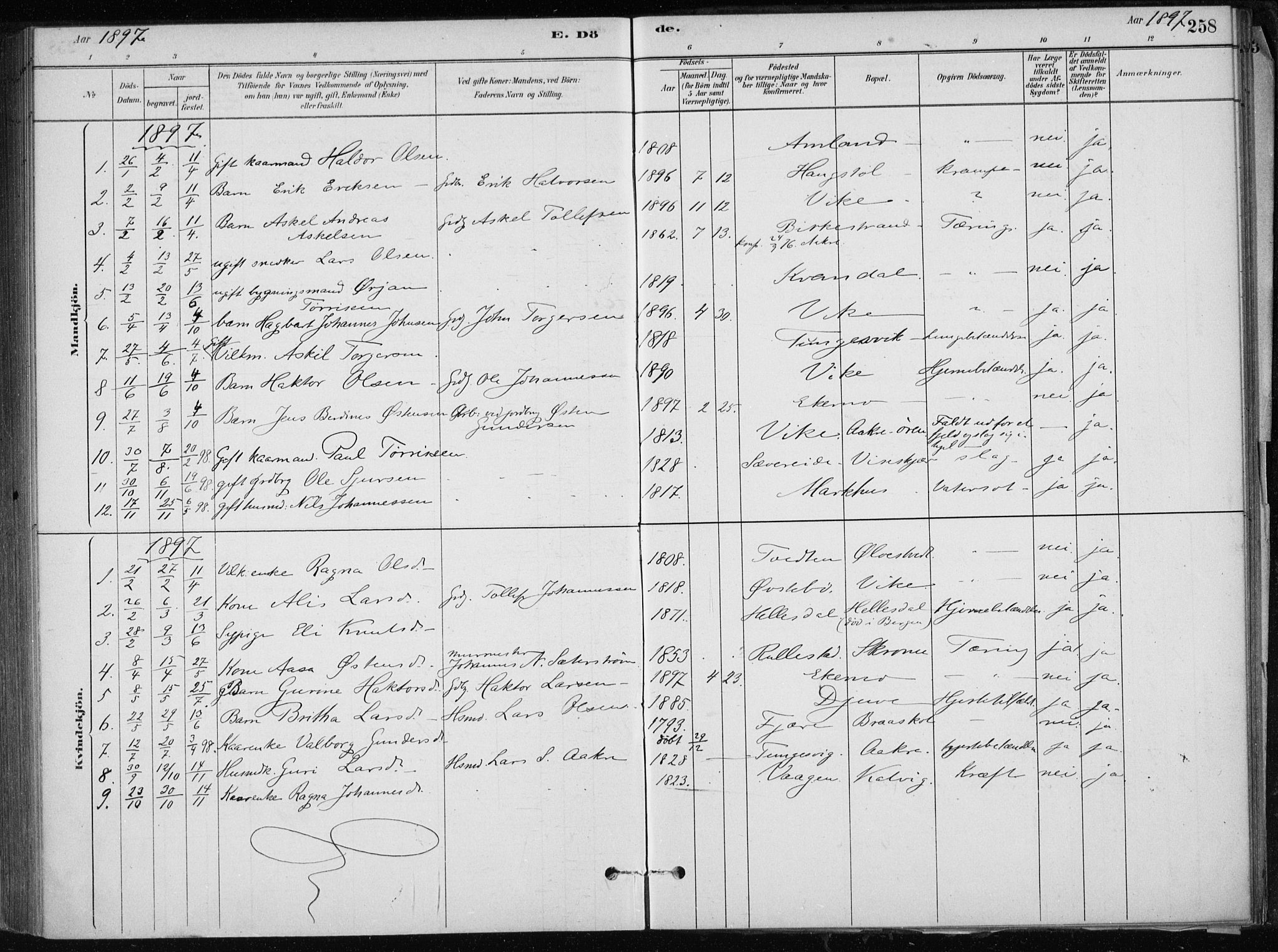 Skånevik sokneprestembete, SAB/A-77801/H/Haa: Parish register (official) no. E  1, 1879-1901, p. 258