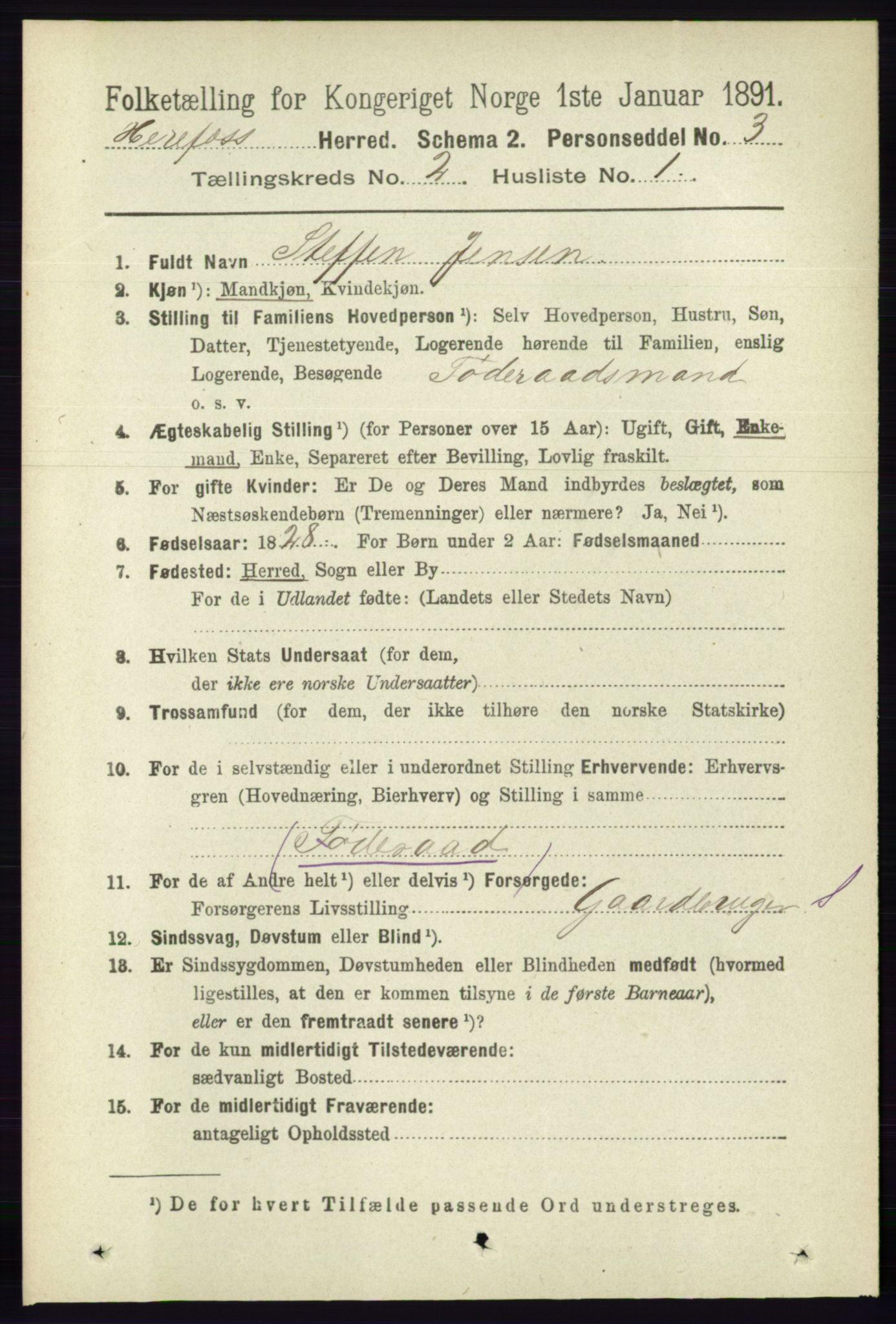 RA, 1891 census for 0933 Herefoss, 1891, p. 282