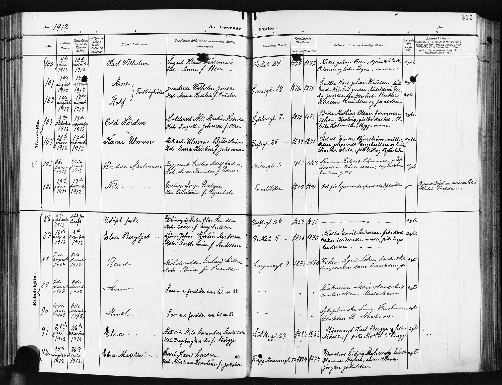 Moss prestekontor Kirkebøker, AV/SAO-A-2003/G/Ga/L0007: Parish register (copy) no. I 7, 1901-1912, p. 215