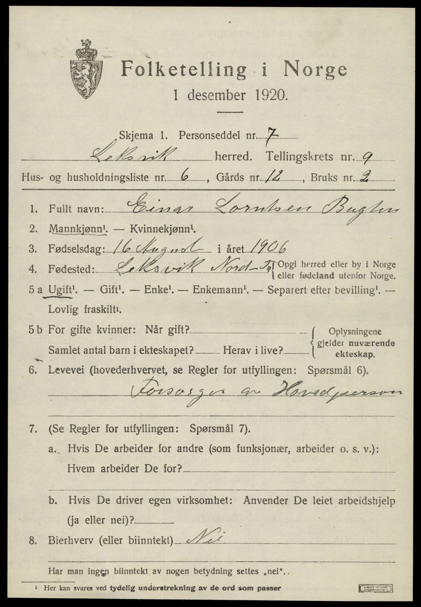 SAT, 1920 census for Leksvik, 1920, p. 6974