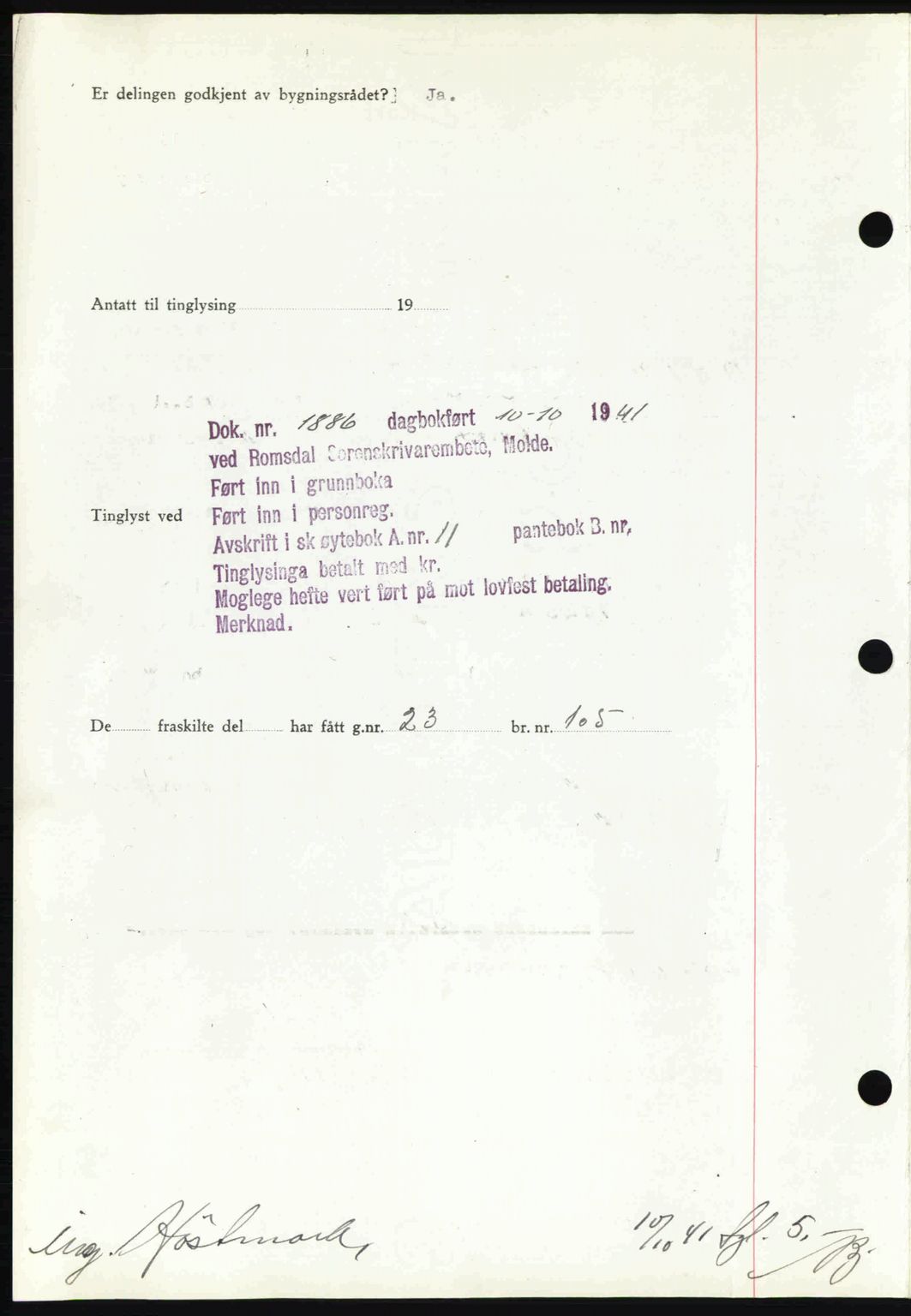 Romsdal sorenskriveri, AV/SAT-A-4149/1/2/2C: Mortgage book no. A11, 1941-1942, Diary no: : 1886/1941