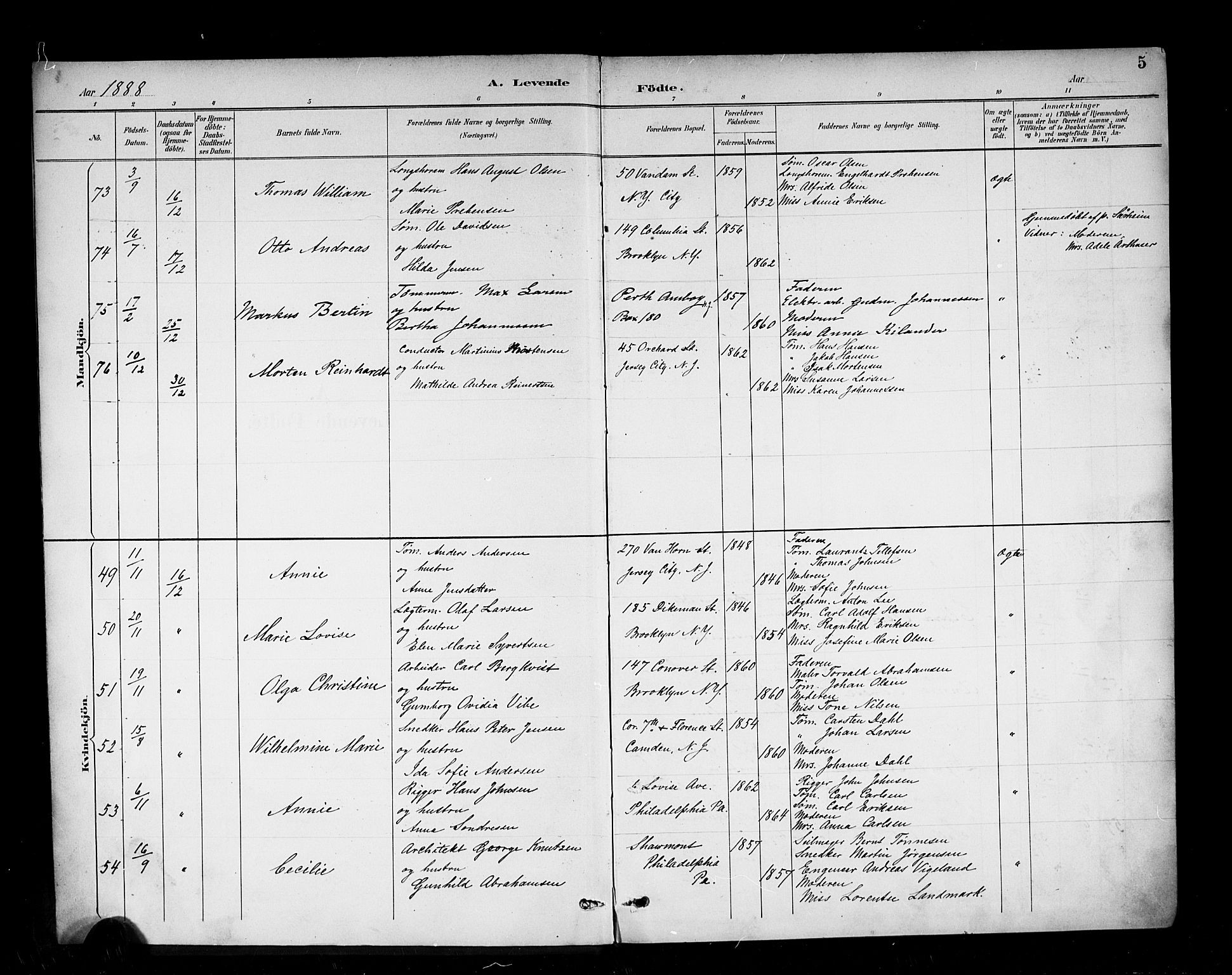 Den norske sjømannsmisjon i utlandet/New York, SAB/SAB/PA-0110/H/Ha/L0003: Parish register (official) no. A 3, 1888-1893, p. 5