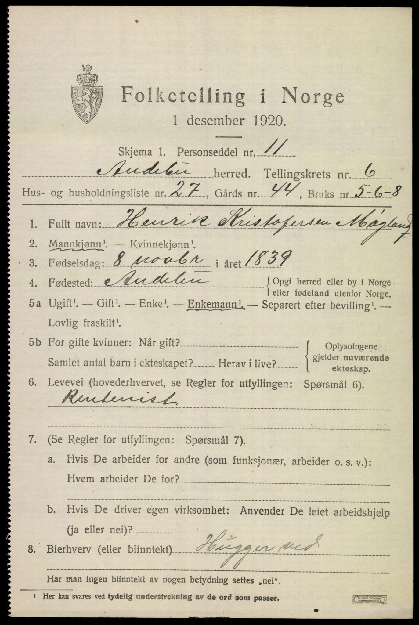 SAKO, 1920 census for Andebu, 1920, p. 3196