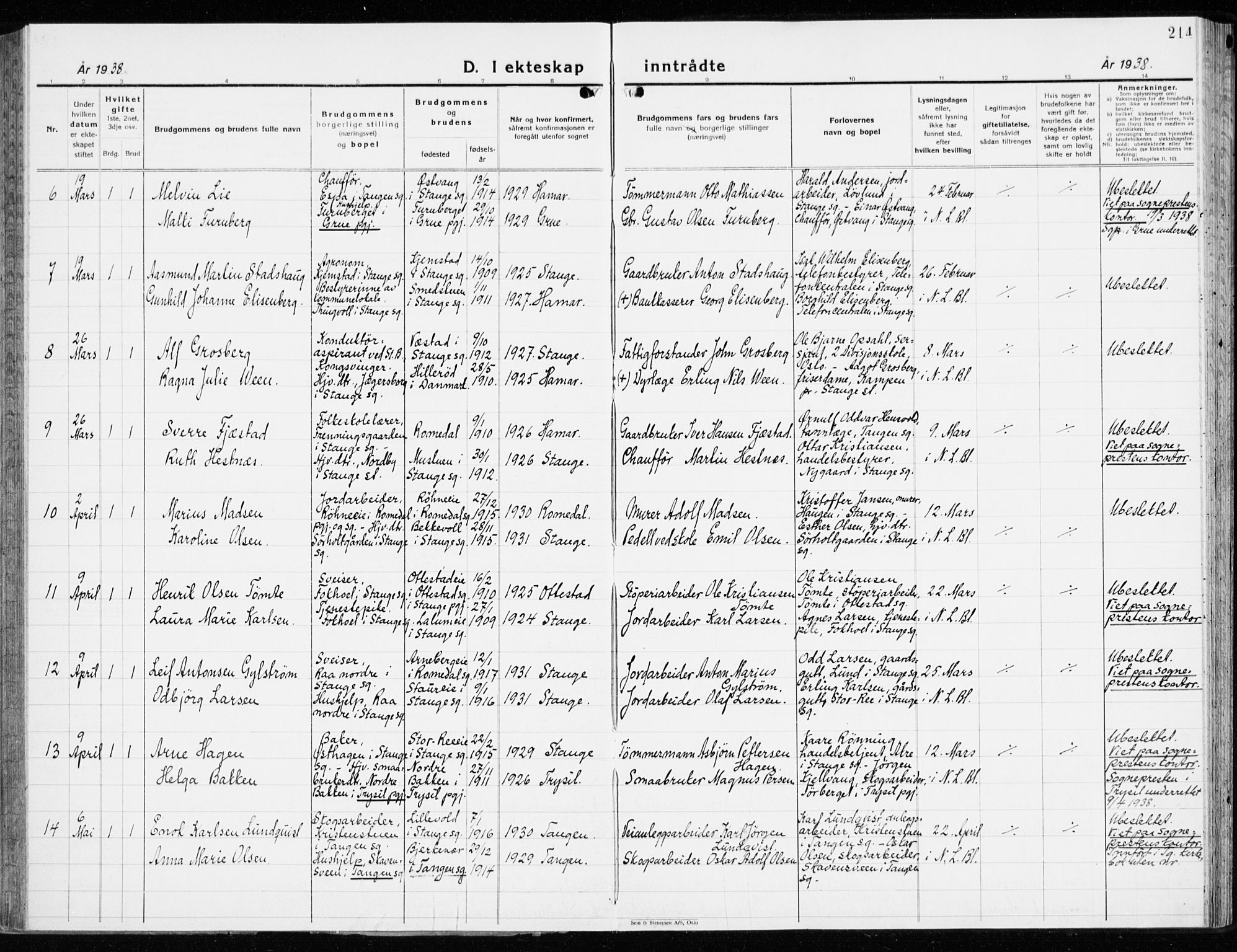 Stange prestekontor, AV/SAH-PREST-002/K/L0027: Parish register (official) no. 27, 1937-1947, p. 214