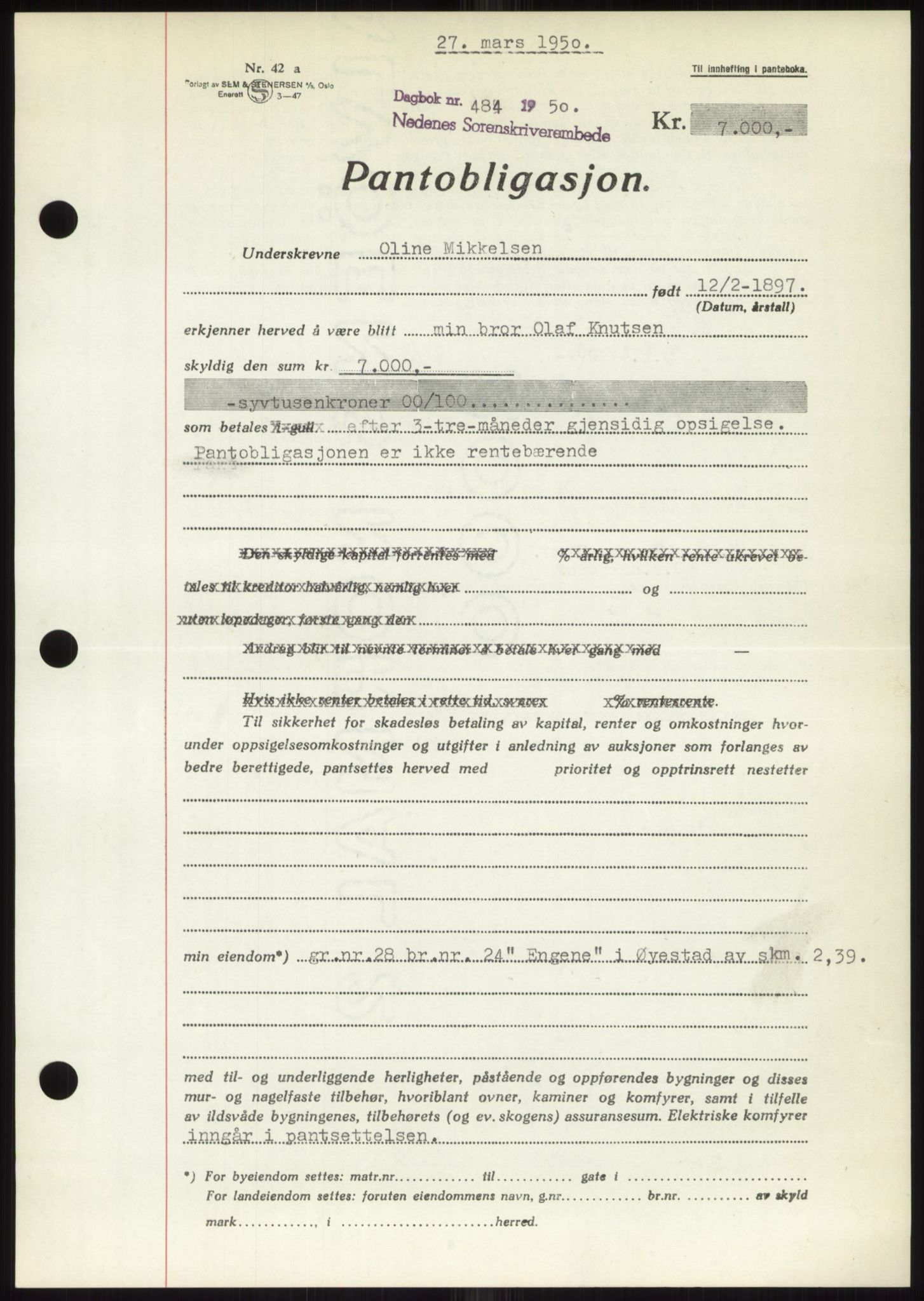 Nedenes sorenskriveri, AV/SAK-1221-0006/G/Gb/Gbb/L0007: Mortgage book no. B7, 1949-1950, Diary no: : 484/1950