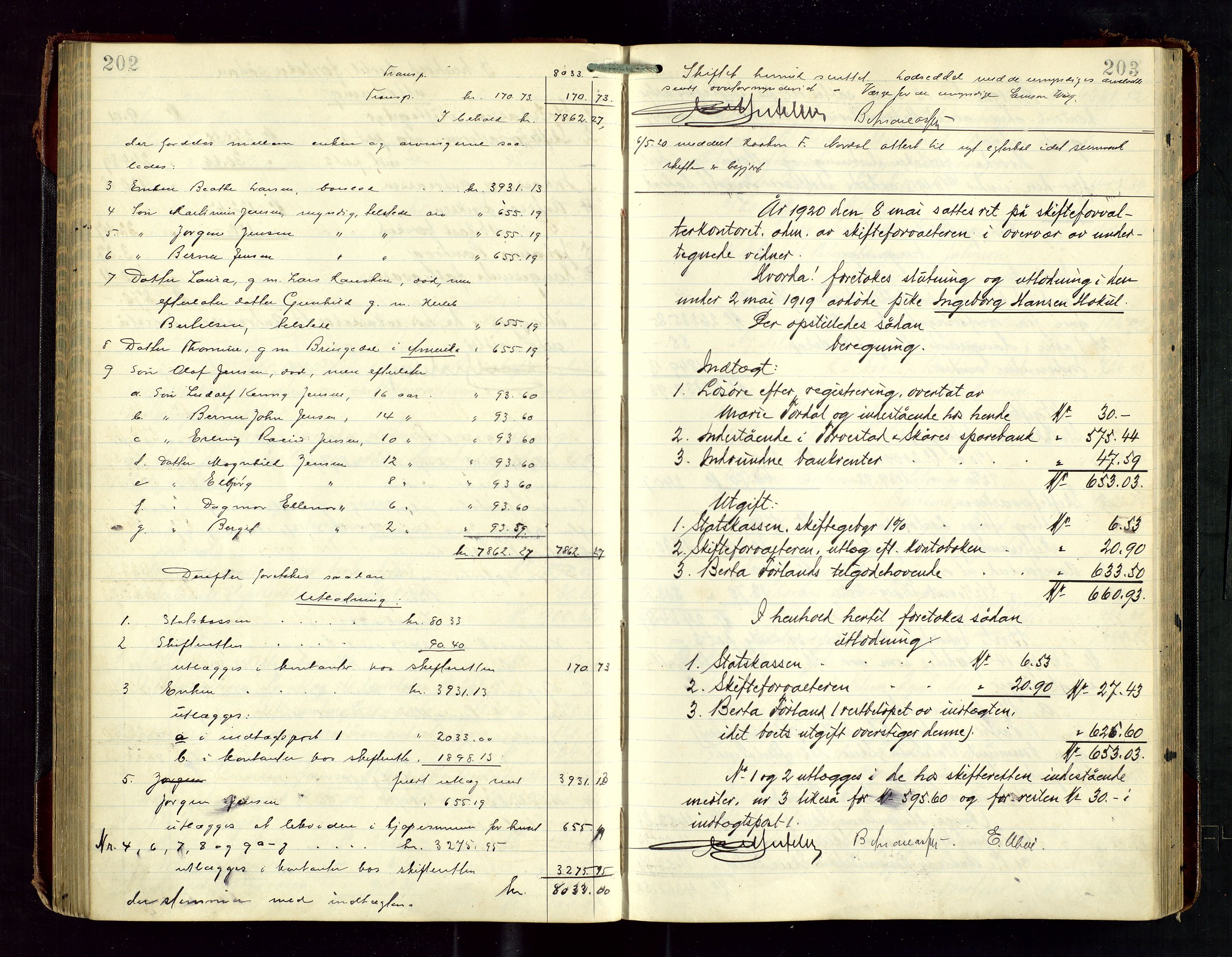 Haugesund tingrett, AV/SAST-A-101415/01/IV/IVD/L0003: Skifteutlodningsprotokoll, med register, 1915-1924, p. 202-203