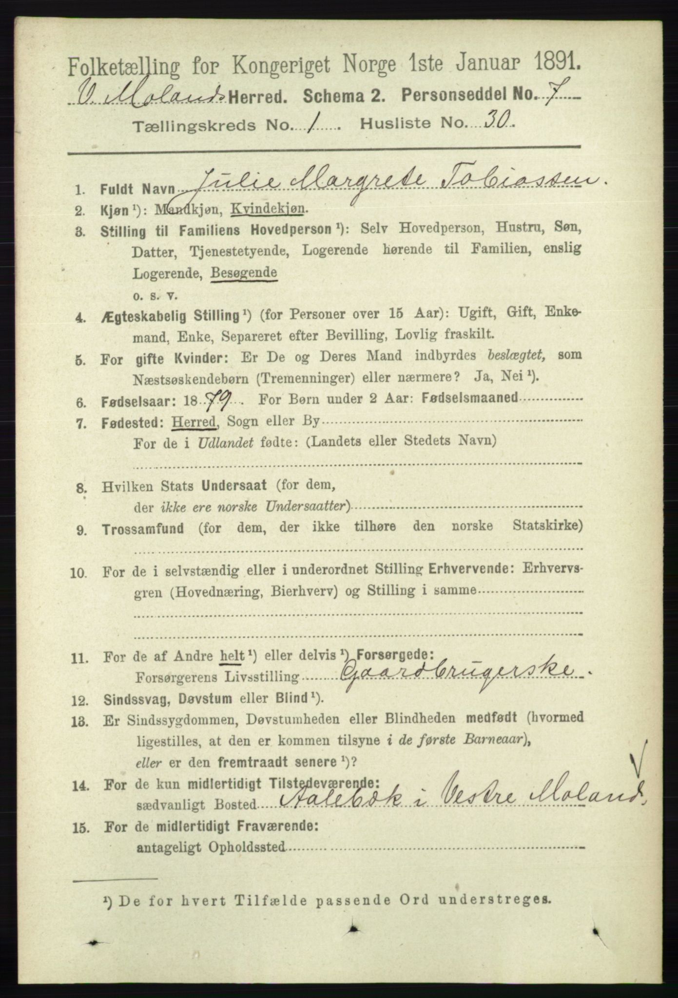 RA, 1891 census for 0926 Vestre Moland, 1891, p. 284