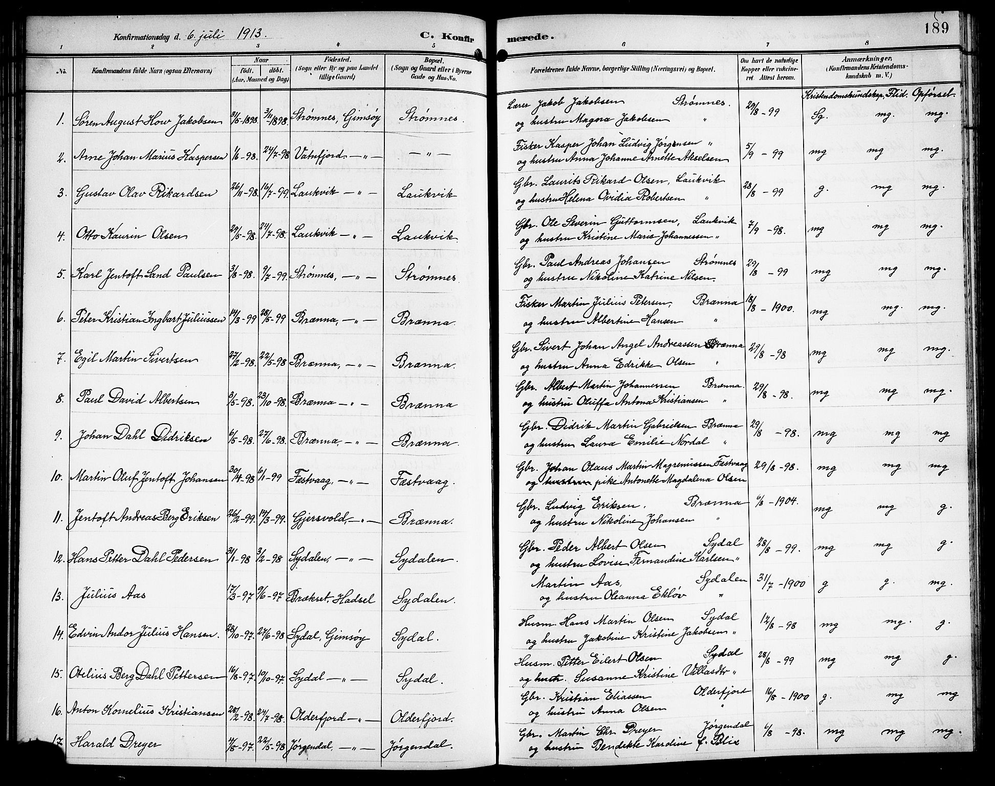 Ministerialprotokoller, klokkerbøker og fødselsregistre - Nordland, SAT/A-1459/876/L1105: Parish register (copy) no. 876C04, 1896-1914, p. 189