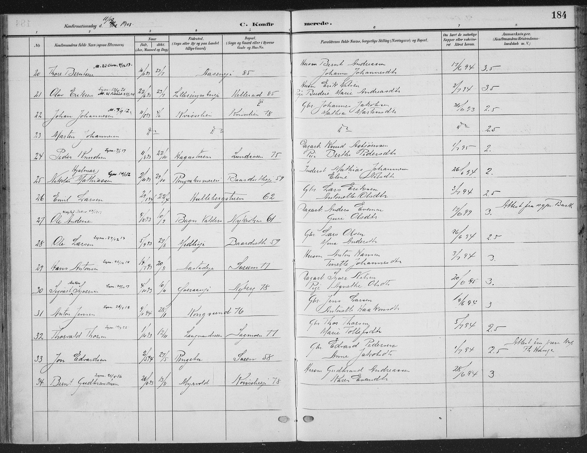 Ringsaker prestekontor, AV/SAH-PREST-014/K/Ka/L0018: Parish register (official) no. 18, 1903-1912, p. 184