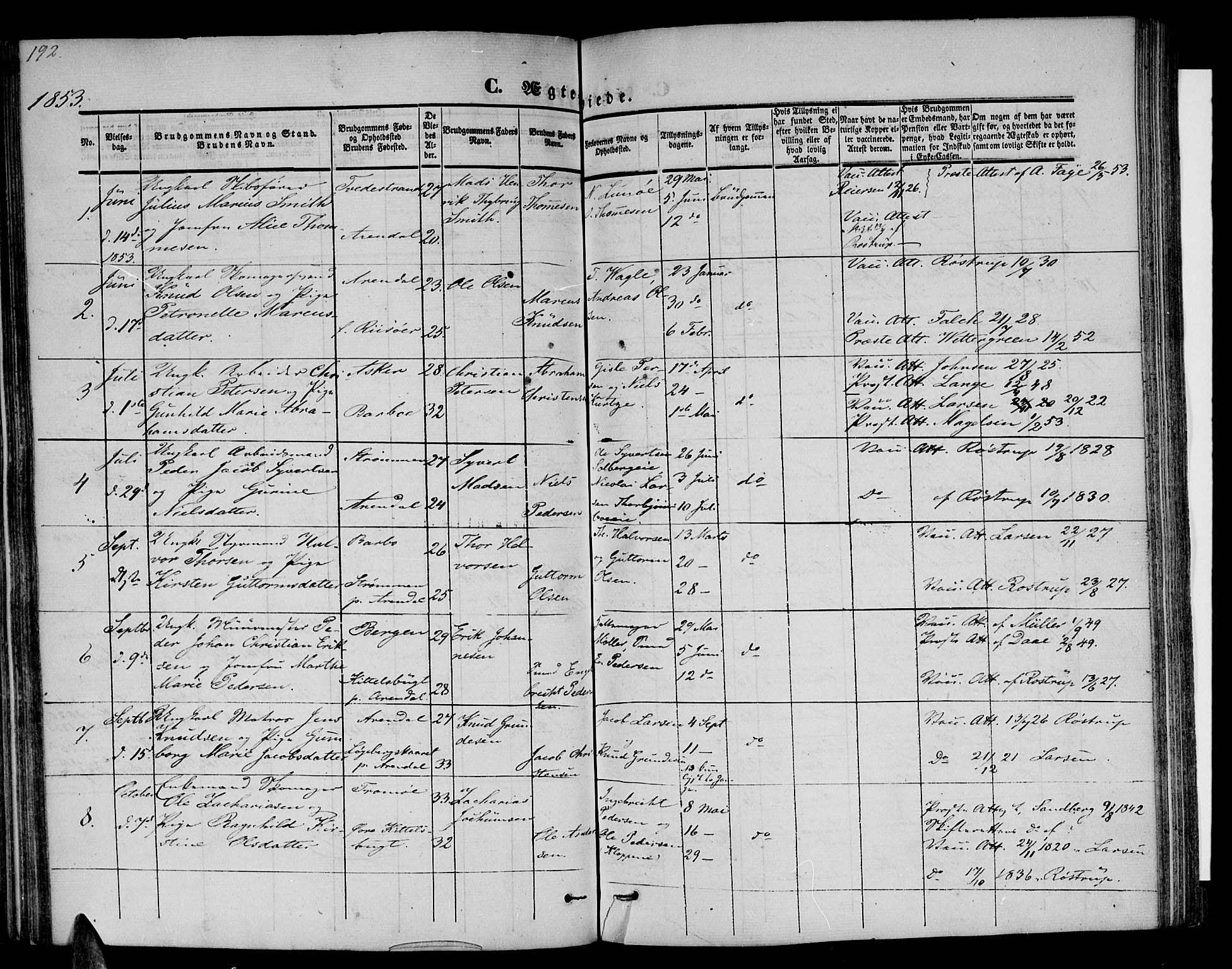 Arendal sokneprestkontor, Trefoldighet, SAK/1111-0040/F/Fb/L0002: Parish register (copy) no. B 2, 1838-1860, p. 192
