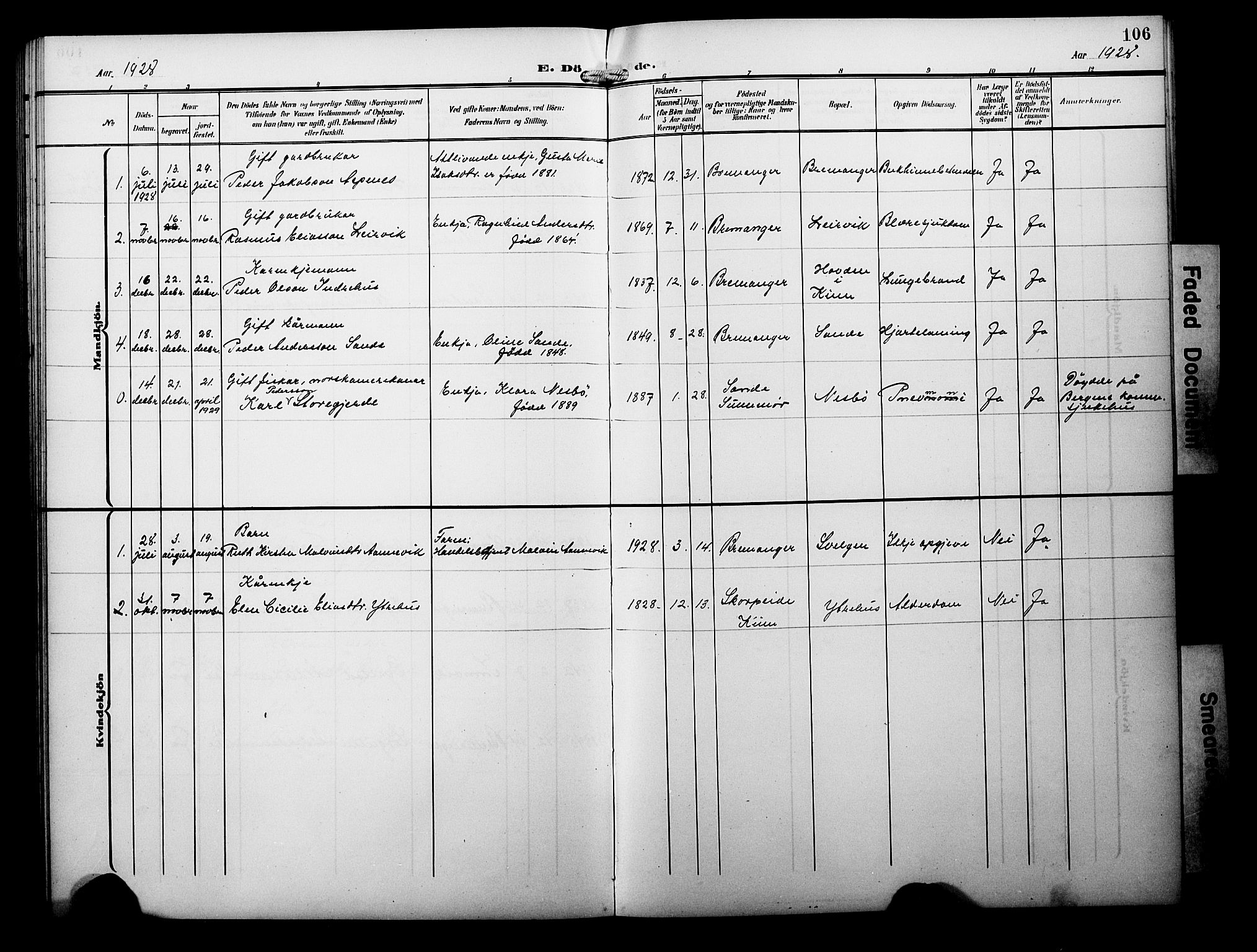 Davik sokneprestembete, AV/SAB-A-79701/H/Hab/Habb/L0001: Parish register (copy) no. B 1, 1903-1928, p. 106