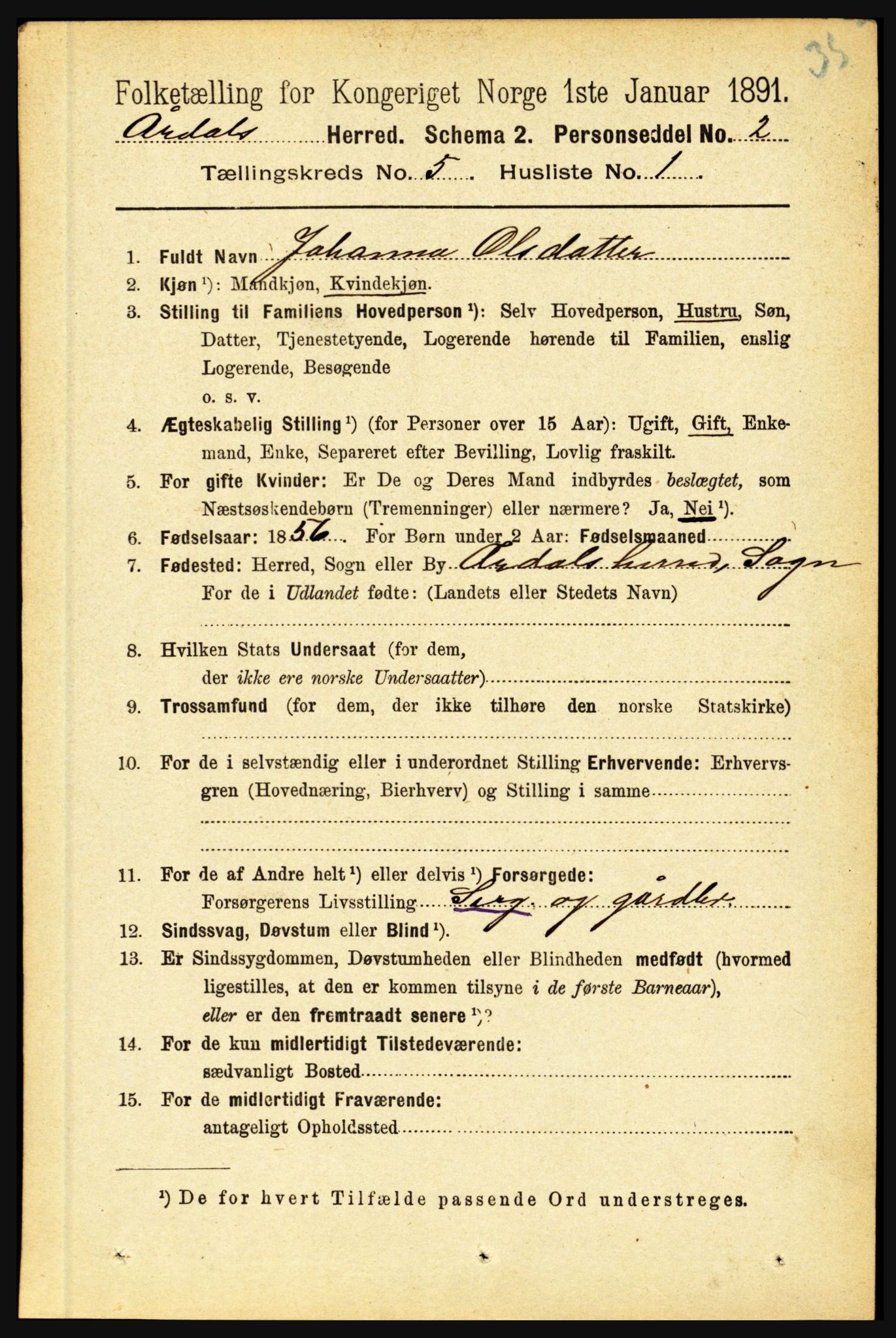 RA, 1891 census for 1424 Årdal, 1891, p. 990